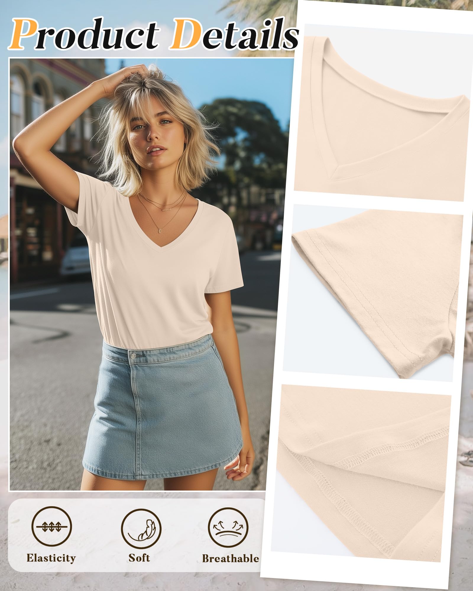 Neer Pack de 4 Camisetas Mujer Cuello en V Manga Corta Verano Casual Corte Holgado Dobladillo Recto Básicas
