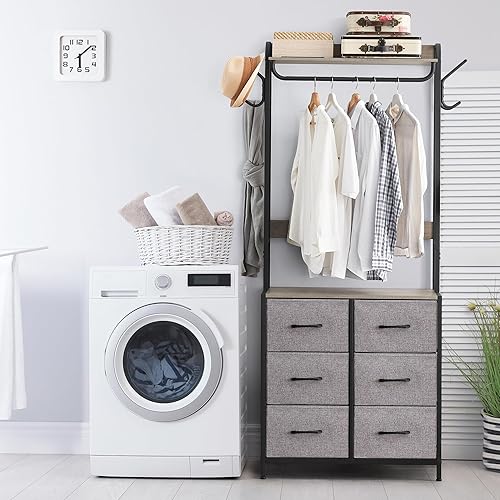 Miniatura 7 de GAOMON Perchero con 6 cajones, organizador de almacenamiento con marco de metal y parte superior de madera, perchero industrial con varillas para