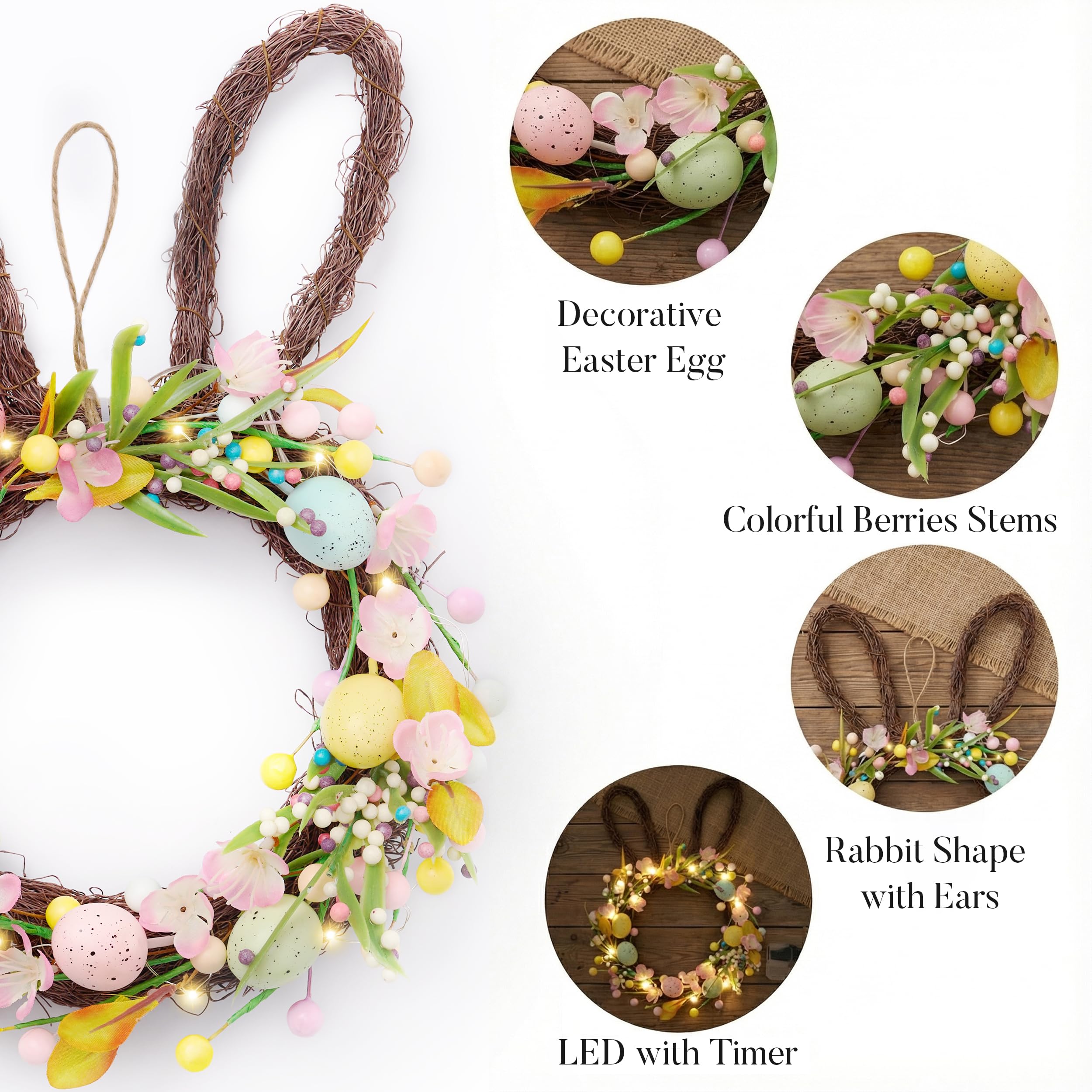 Valery Madelyn Ghirlanda di coniglietti pasquali per porta d'ingresso con luci, ghirlanda di coniglio pasquale decorazione con uova pastello, ghirlanda artificiale primaverile per casa, interni ed