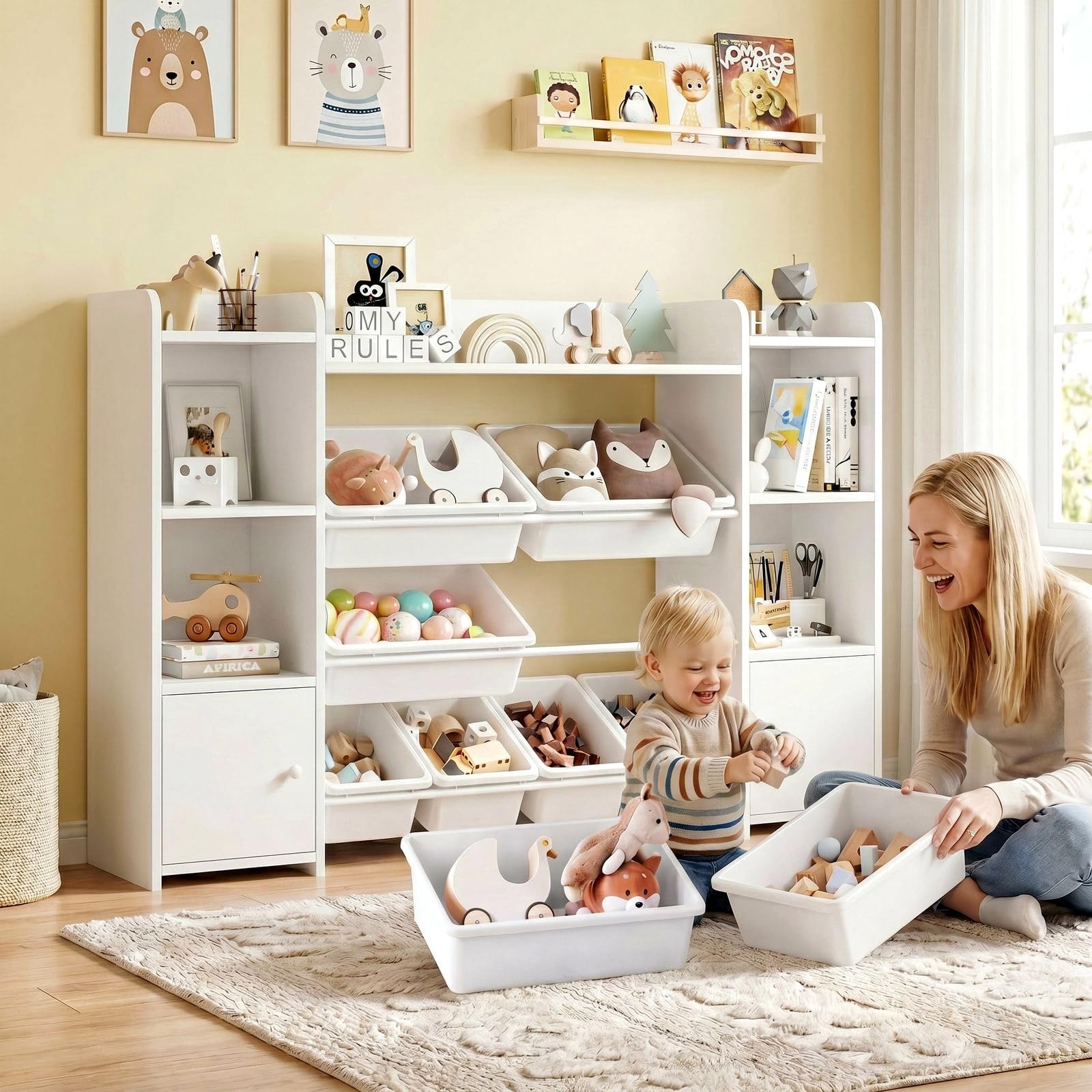 FOREHILL Meuble de Rangement Jouets Enfant Bibliothèque Enfant avec 8 Boîtes Amovibles 9 Étagères Organisateur de Jouets pour Chambre d’Enfant Salle de Jeu Blanc