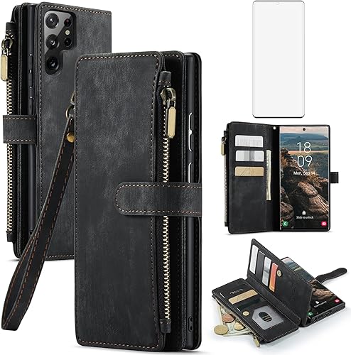 Asuwish Funda de teléfono para Samsung Galaxy S22 Ultra 5G, funda de cartera y protector de pantalla de vidrio templado, soporte de tarjeta de
