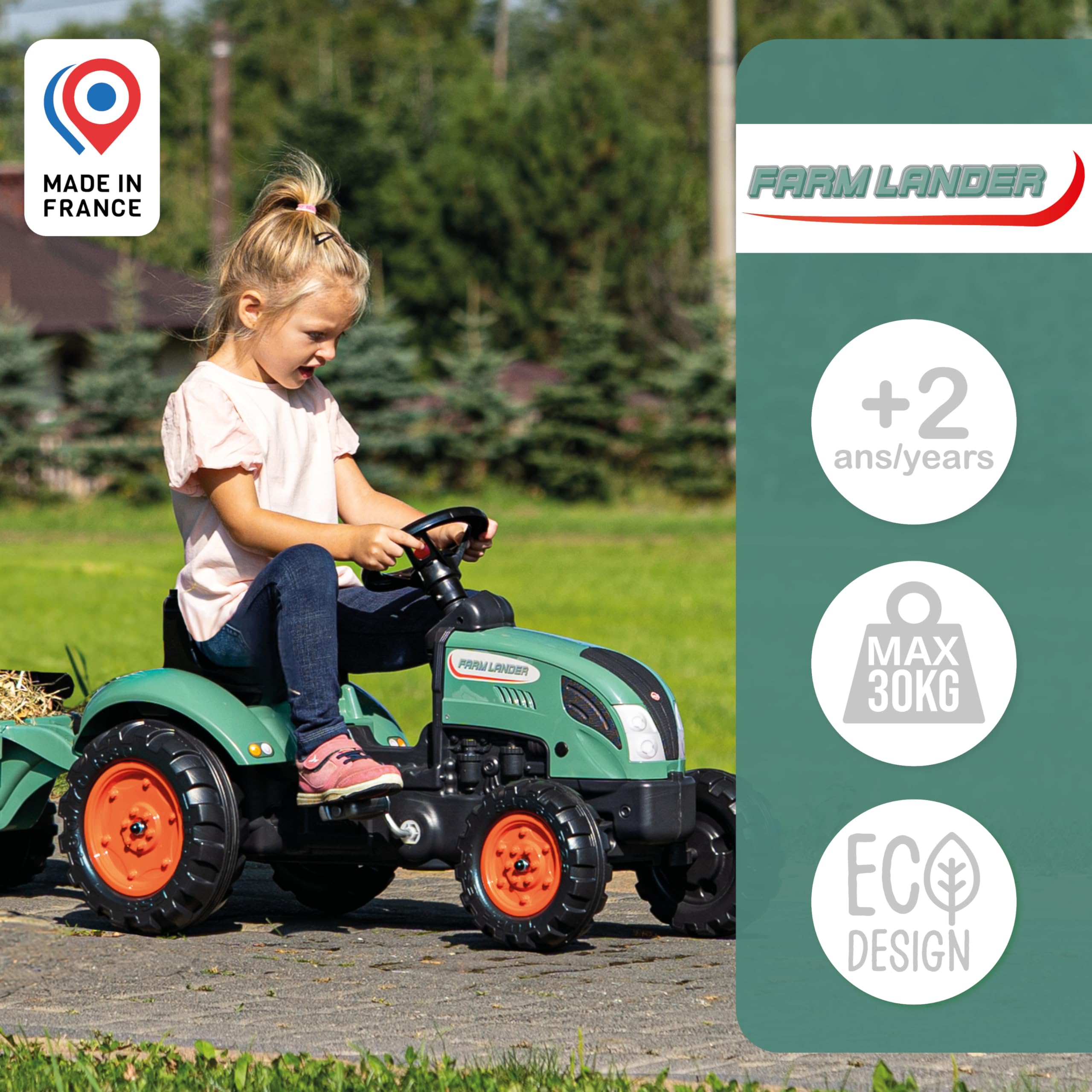 FALK - Trattore a pedali Farm Lander con rimorchio - Da 2 Anni - 50% plastica riciclata - Made in France - Volante con clacson - 2054L, verde scuro