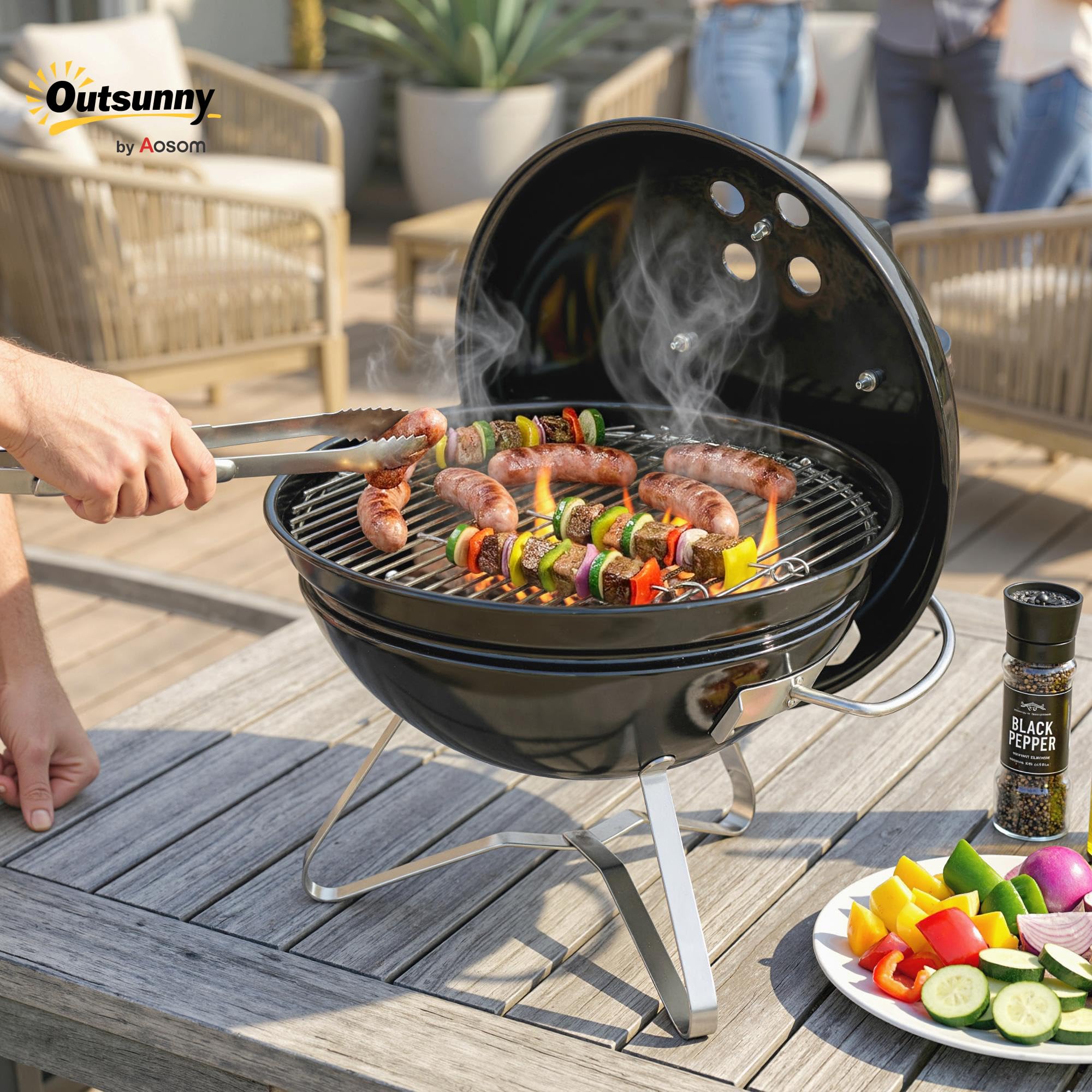 Outsunny Grill na węgiel drzewny, BBQ Smoker z uchwytem pokrywy, przenośny grill kulisty z regulowanymi otworami wentylacyjnymi, grill węglowy na kemping, taras, do ogrodu, 41 x 41 x 44 cm, czarny