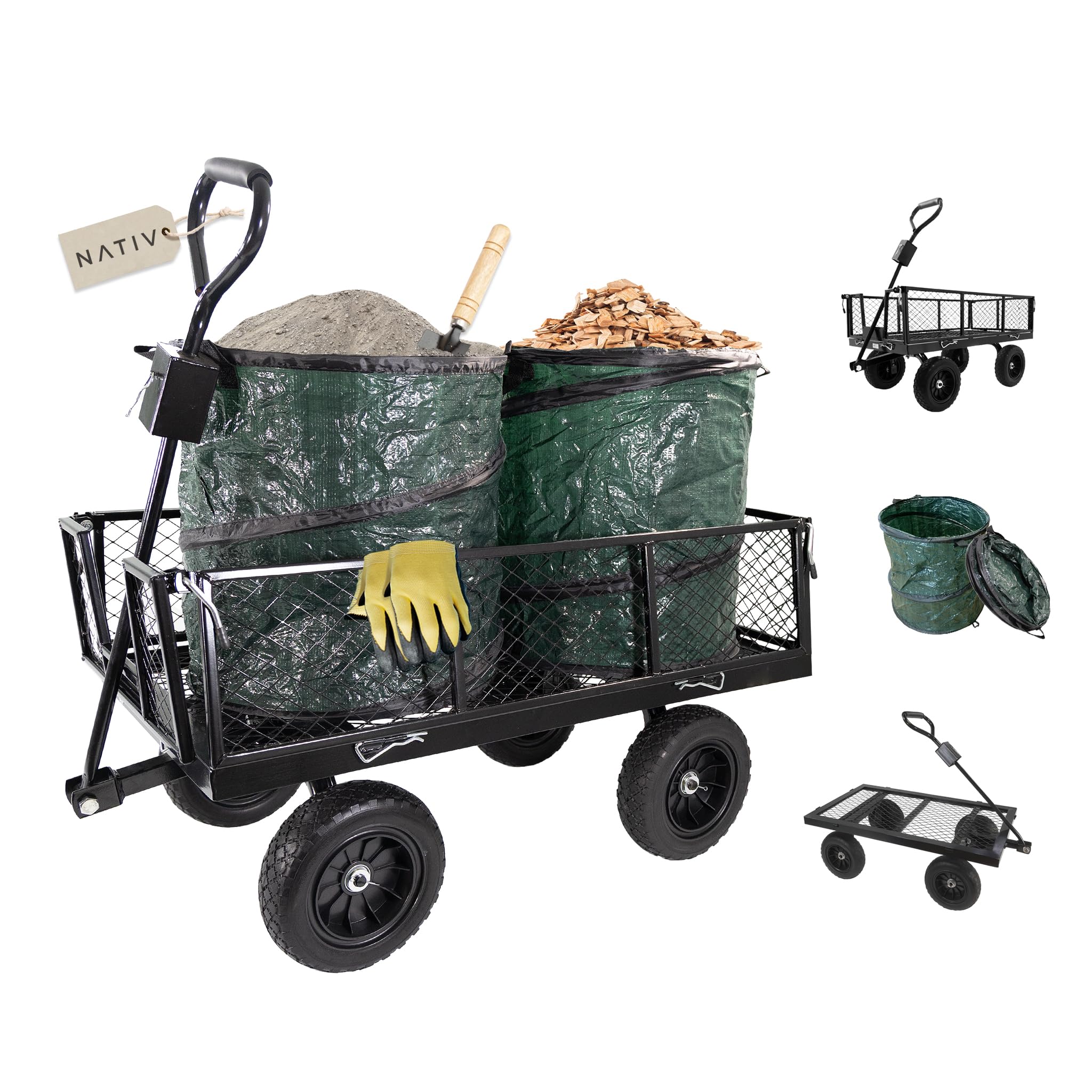 Lemodo Gartenwagen aus Stahl mit Laubsäcken und Gummireifen, 300 kg Tragkraft, Ladefläche 96,5 x 53 x 22 cm, Anhänger mit Kupplung für Rasentraktor ideal für Laub, Gartenabfälle, Holz und Gartenarbeit