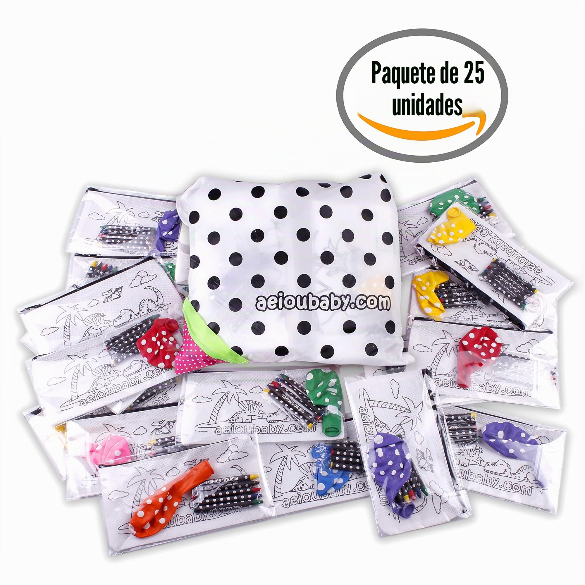 aeioubaby.com Estuches para colorear (Dinos) | 25 Bolsas individuales con 5 ceras de colores y globo. Incluye bolsa reutilizable | Regalos de cumpleaños y fiestas infantiles | Creatividad para niños