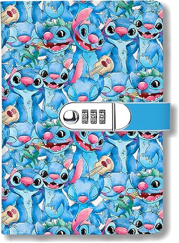 Stitch Gift - Diario de bloqueo A5, diario de piel sintética con forro sintético, cuaderno de escritura recargable con candado y contraseña