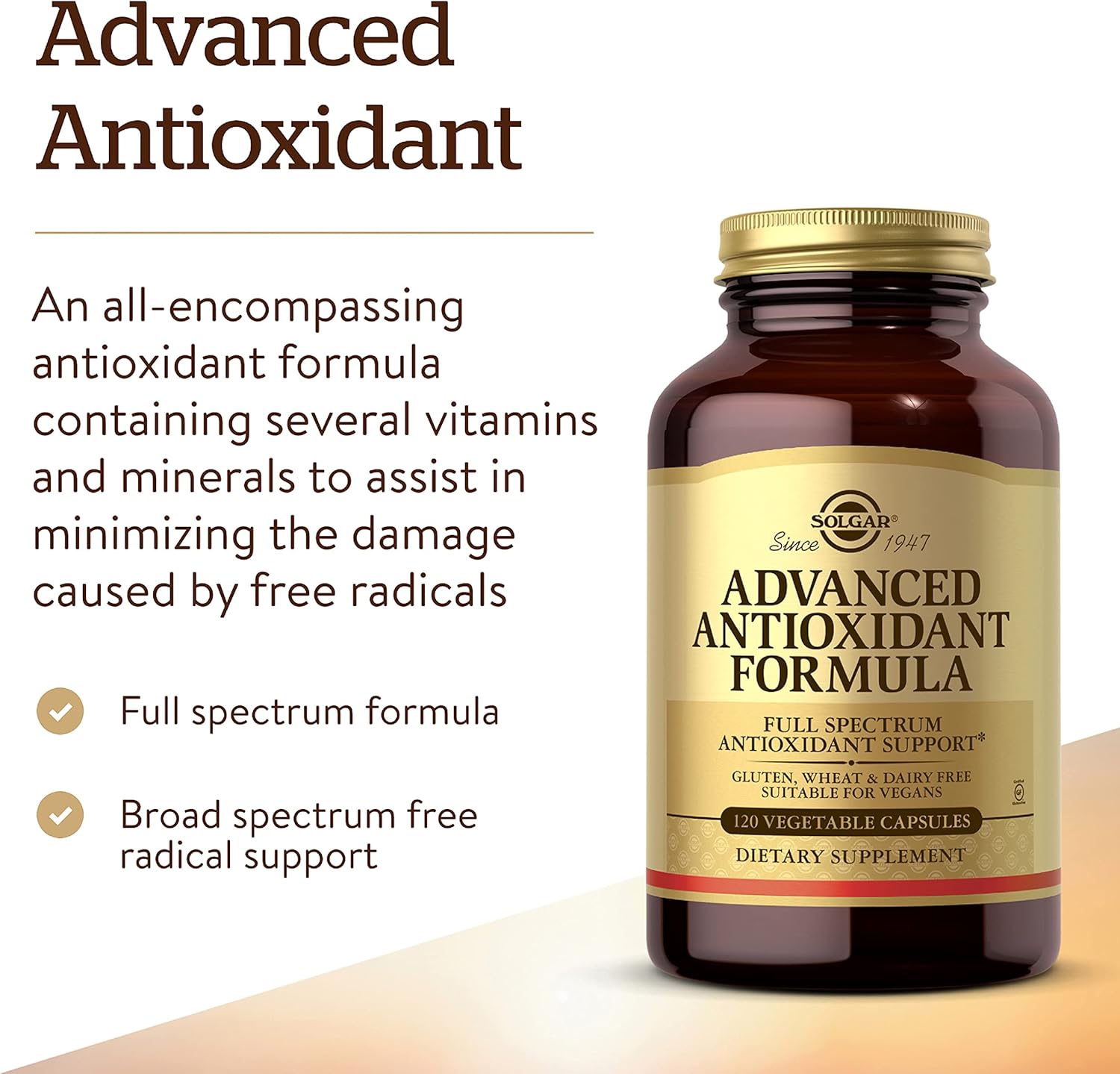 Solgar Advanced Antioxidant Formula, 120 Vegetable Caps - Full Spectrum Antioxidant Support - Contains Zinc, Vitamin C, E & A - Immune System Support - Vegan, Gluten Free, Dairy Free - 60 Servings : Health & Household