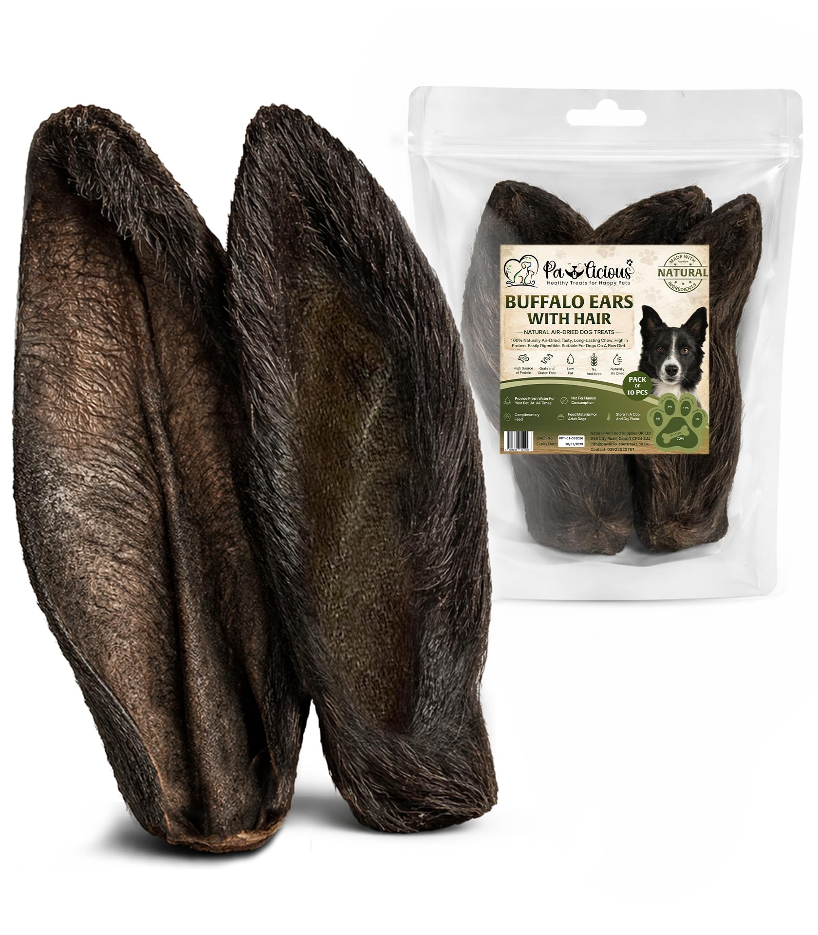 Pawlicious Air-Dried Buffalo Ears with Hair for Dogs 5 Pack, 100% Natural, Grain Free, High Protein Chew for All Breeds