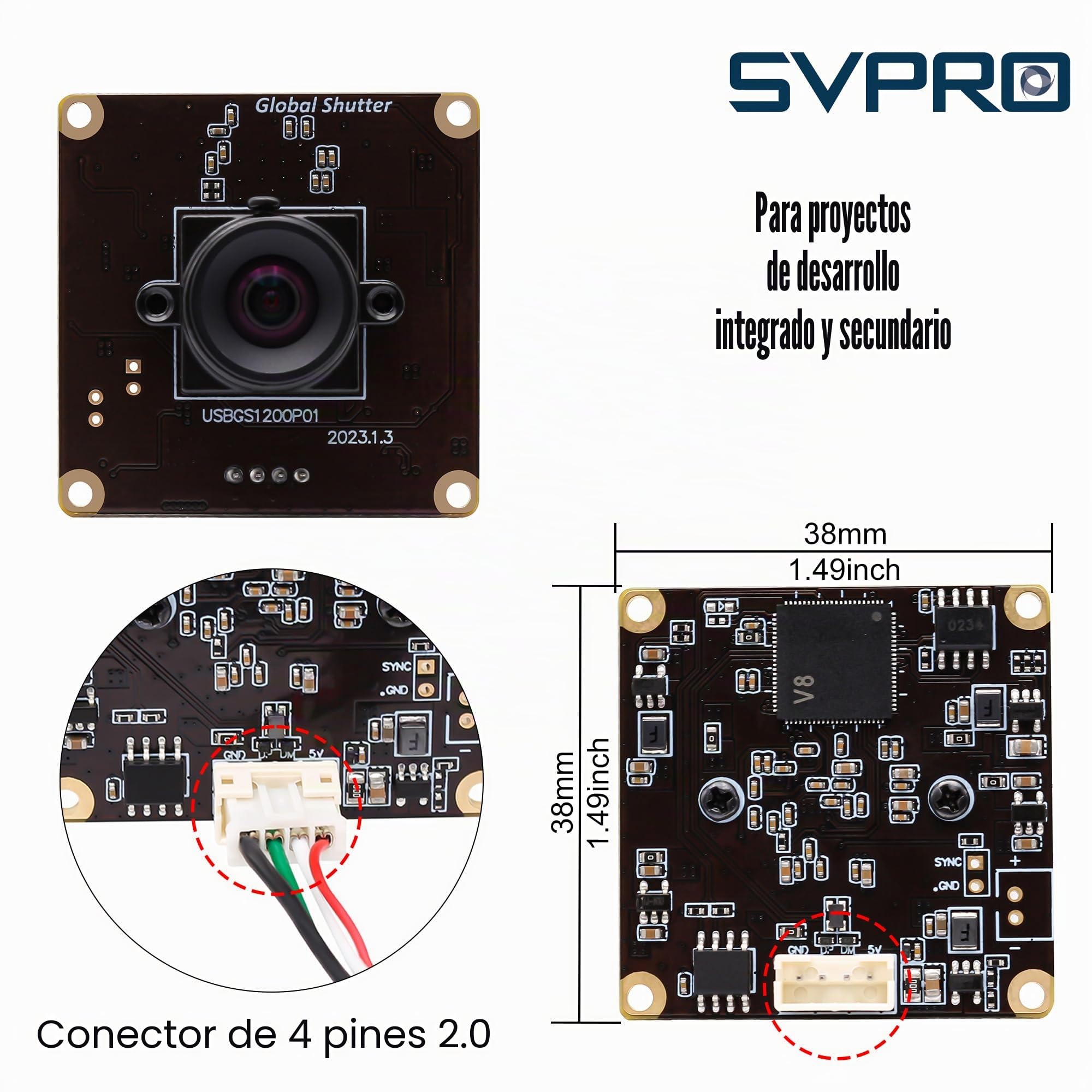 Svpro Global Shutter USB Cámara Board 90fps High Speed Webcam Módulo con objetivo M12 sin distorsiones, cámara lenta 1920 x 1200 2MP AR0234 UVC Módulo de cámara para ordenadores, portátiles