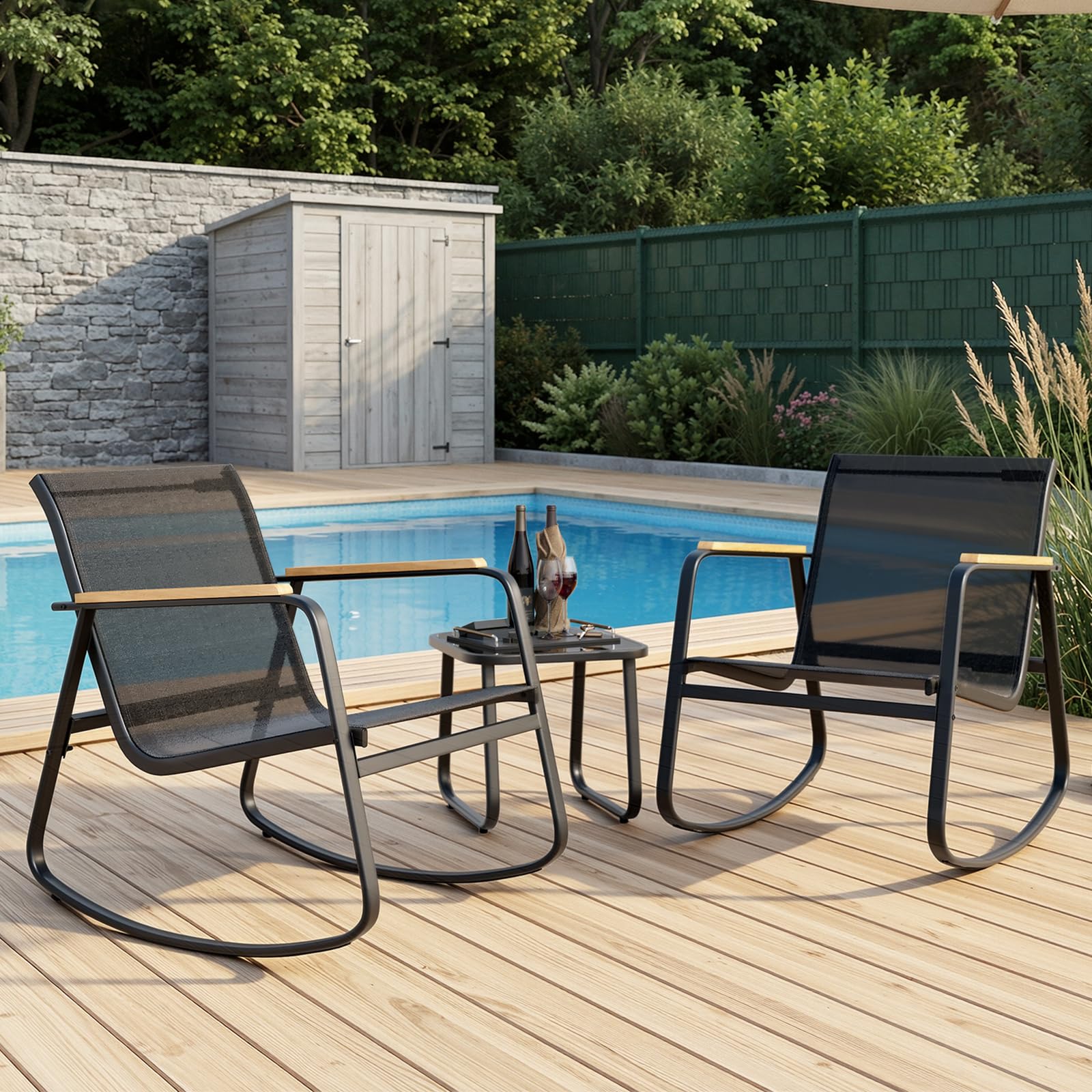 Xbro Salotto da Giardino 3 Pezzi con 2 Poltrone Oscillanti e Tavolino in Vetro Temperato, Set da Esterno in Textilene con Braccioli in WPC, Mobili per Balcone Terrazza Cortile Piscina, Nero