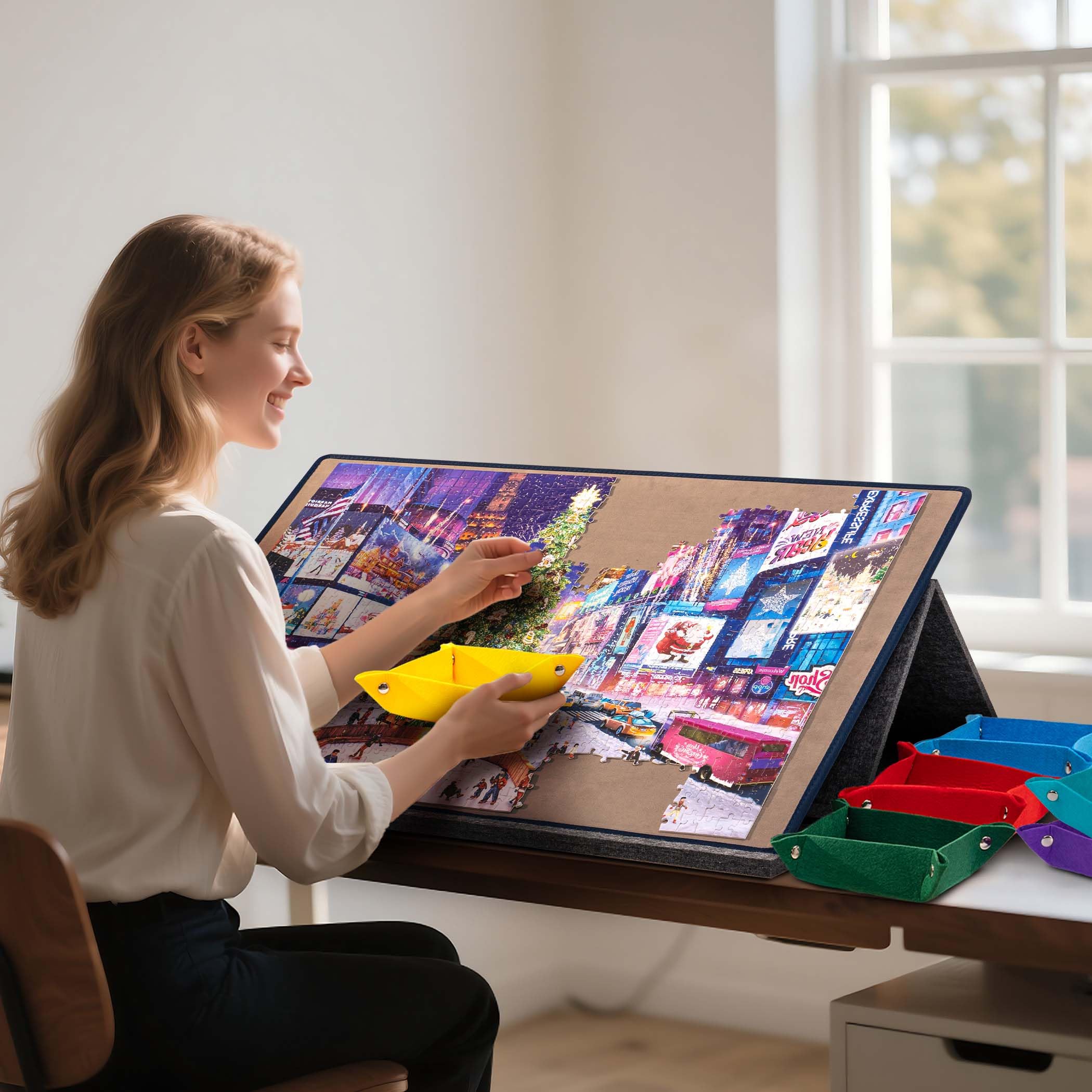 Tektalk Puzzle-Brett mit 2-in-1-Stand- und Abdeckdesign, mehrwinkelverstellbare Halterung und 6 Farbsortierboxen, Matten für die Aufbewahrung/den Schutz von Puzzles, bis zu 1000 Teile – grau