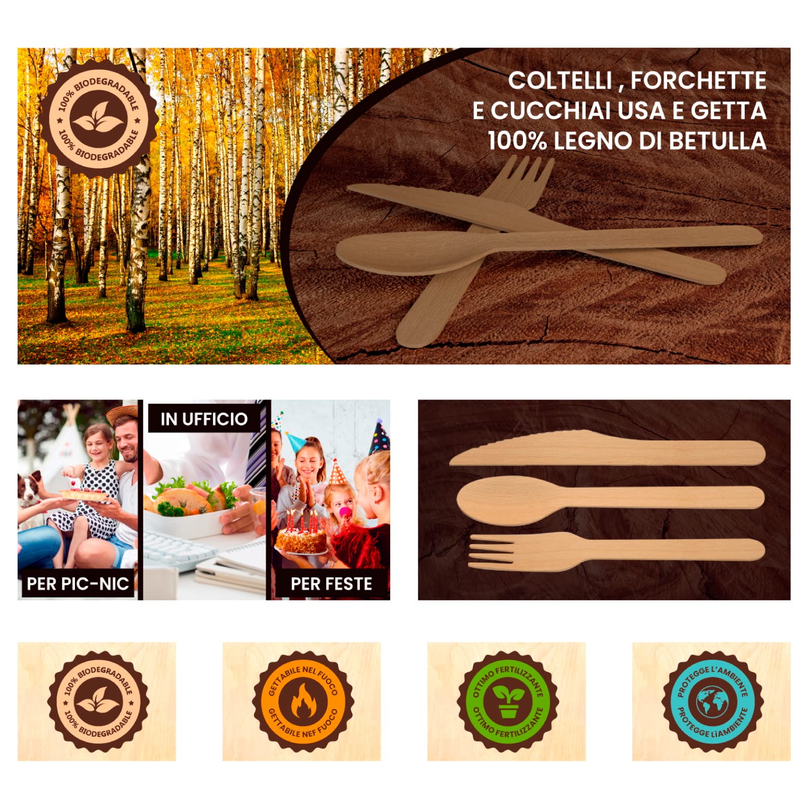 Juego de cubiertos ecológicos de madera de abedul, 300 tenedores + 300 cuchillos + 300 cucharas – Desechables 100% naturales, biodegradables y compostables, desechables