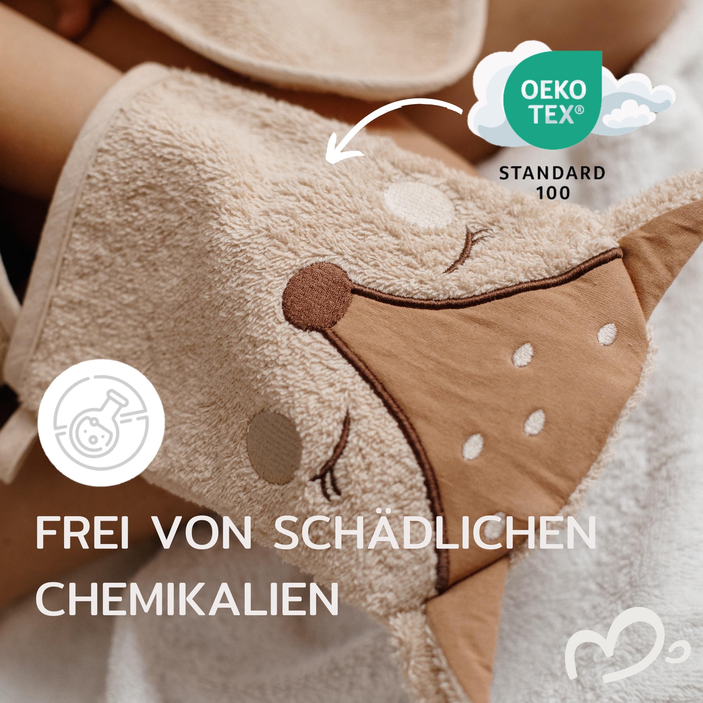 Babyhandtuch mit Kapuze und Waschlappen 100x100 cm – Handtuch Rentier aus 100% Baumwolle - REH Badetuch mit Kapuze - Geschenk Geburt - Baby Erstausstattung Neugeborenen Set