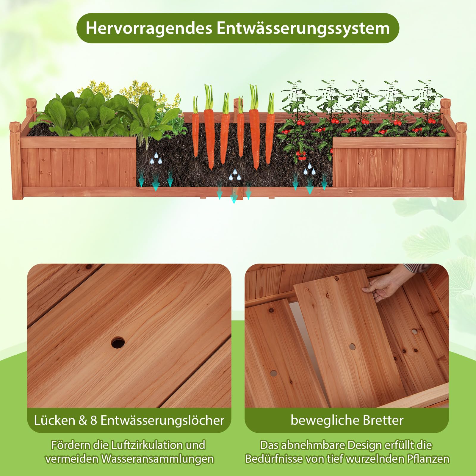 COSTWAY Drewniana skrzynka na kwiaty, skrzynka na rośliny ze ścianką działową, otworami drenażowymi i folią z włókniny, do ogrodu, na trawnik, taras, balkon, drewno jodłowe, 227 x 59,5 x 40 cm
