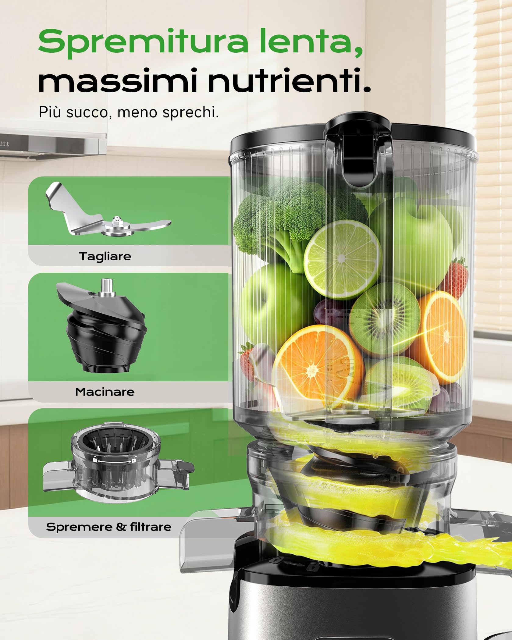 Estrattore di succo per verdure e frutta, 130 mm XL | 1,8L Slow Juicer, 600 ml contenitore, per famiglie, senza BPA, facile da pulire, grigio