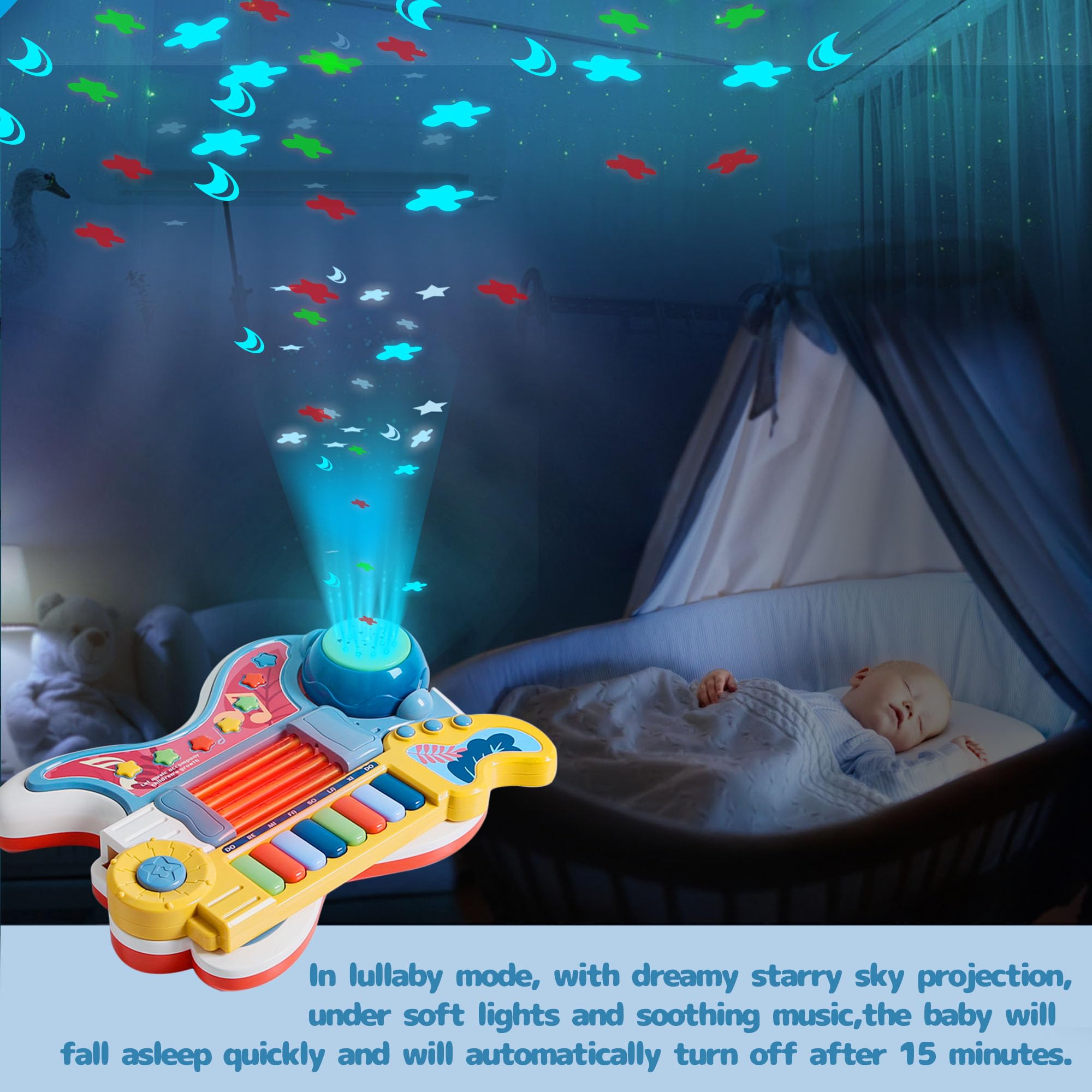 Guitarra para niños pequeños, guitarra y piano 4 en 1 para niños pequeños de 2 a 4 años con proyector de canción de cuna, juguete para niños, instrumentos musicales, juguetes para niños de 3, 4, 5 6