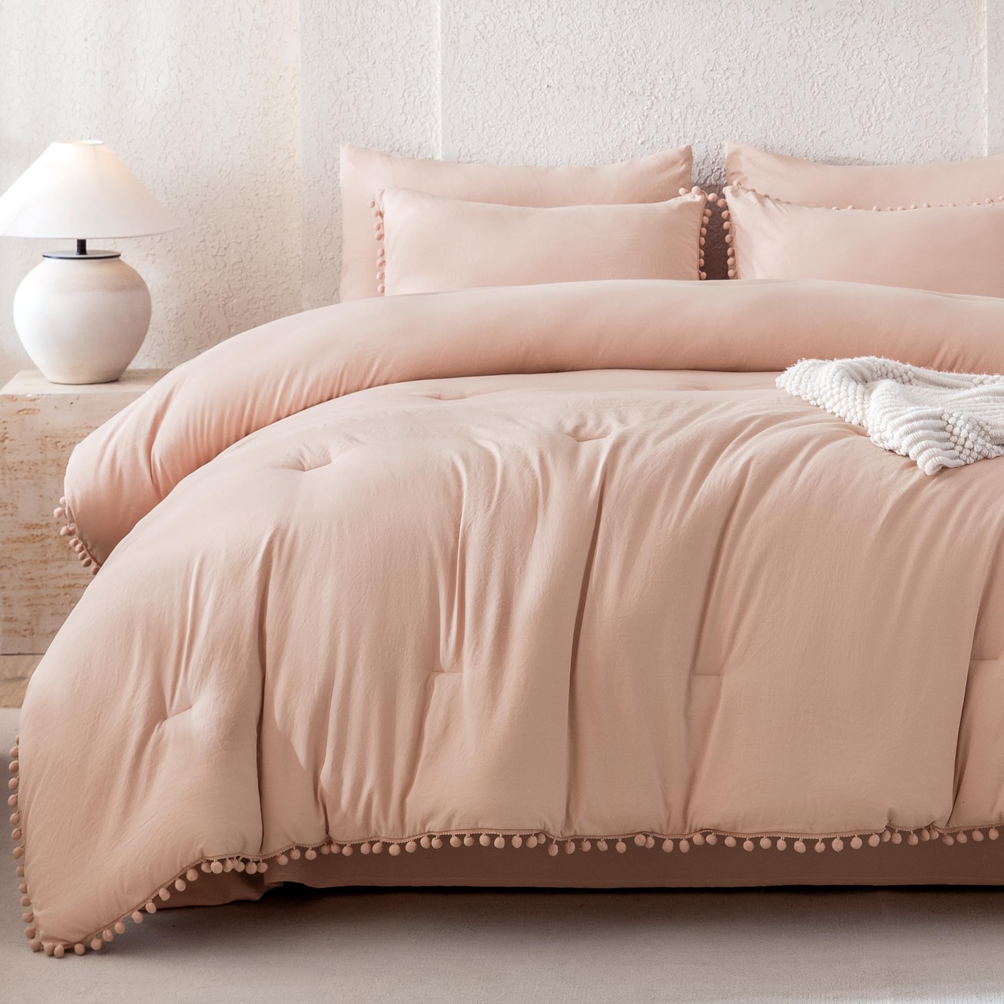 Litanika Comforter Full Size Set Pink,3 Pieces Blush Boho Pom Pom Lightweight Bed Comforter Full,All Season Solid Color Bedding Comforter Sets for Girls (1 Comforter 79x90 Inch, 2 Pillowcases)