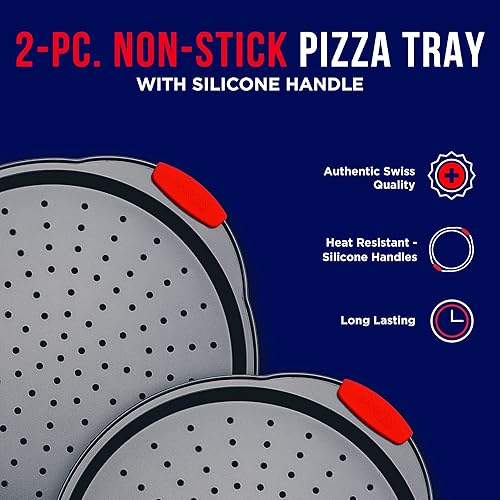 Miniatura 4 de Bakken - Bandeja para pizza  2 redondas con asas de silicona  Sartén para pizza de acero al carbono con agujeros y revestimiento antiadherente  PFOA