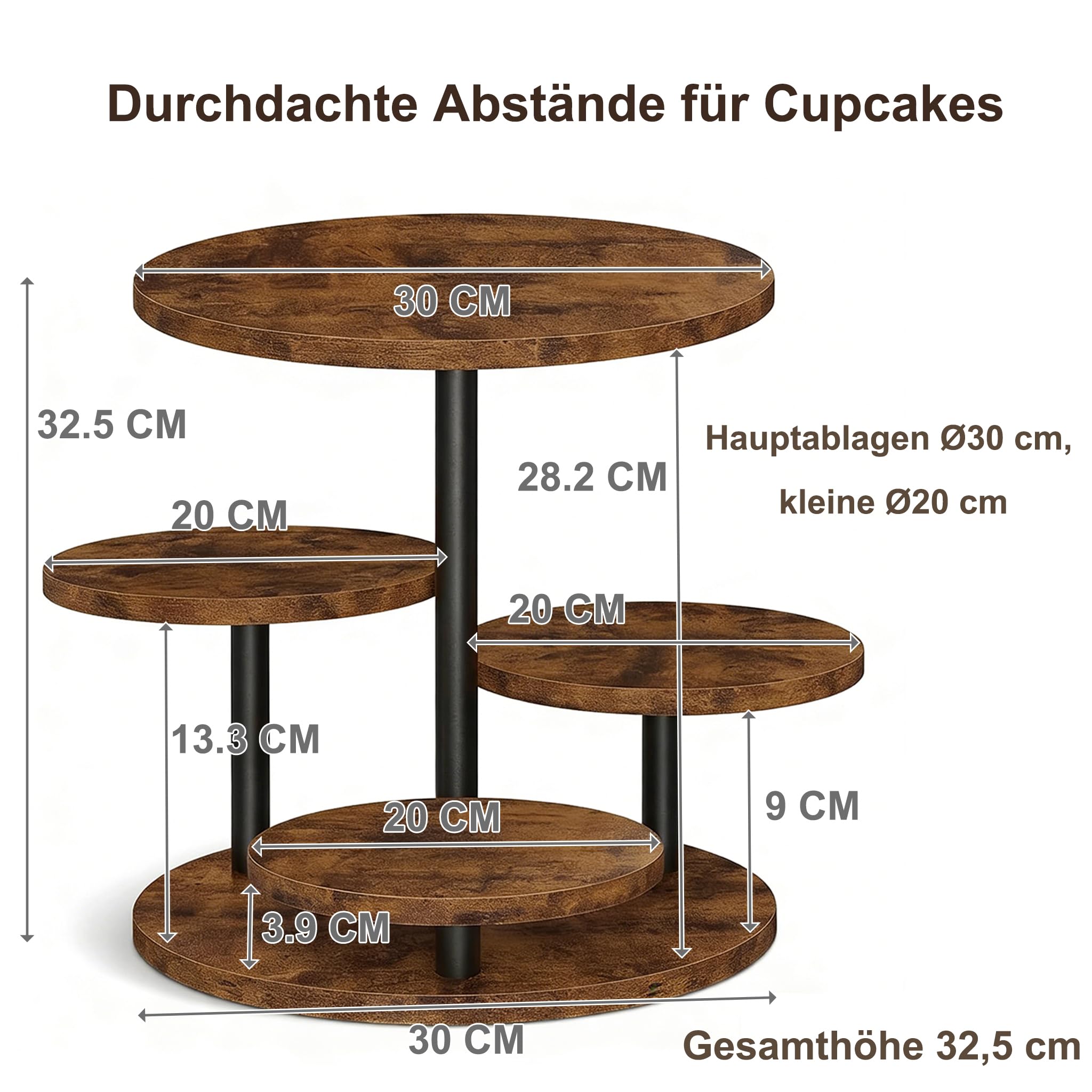 FUSHITON 360° drehbarer 4-stöckiger Ständer aus melaminbeschichtetem MDF & Metall, Etagere für Kuchen, Cupcakes, Deko, Pflanzen, Party, Kaffeetafel, Ø30/20 cm, H32,5 cm