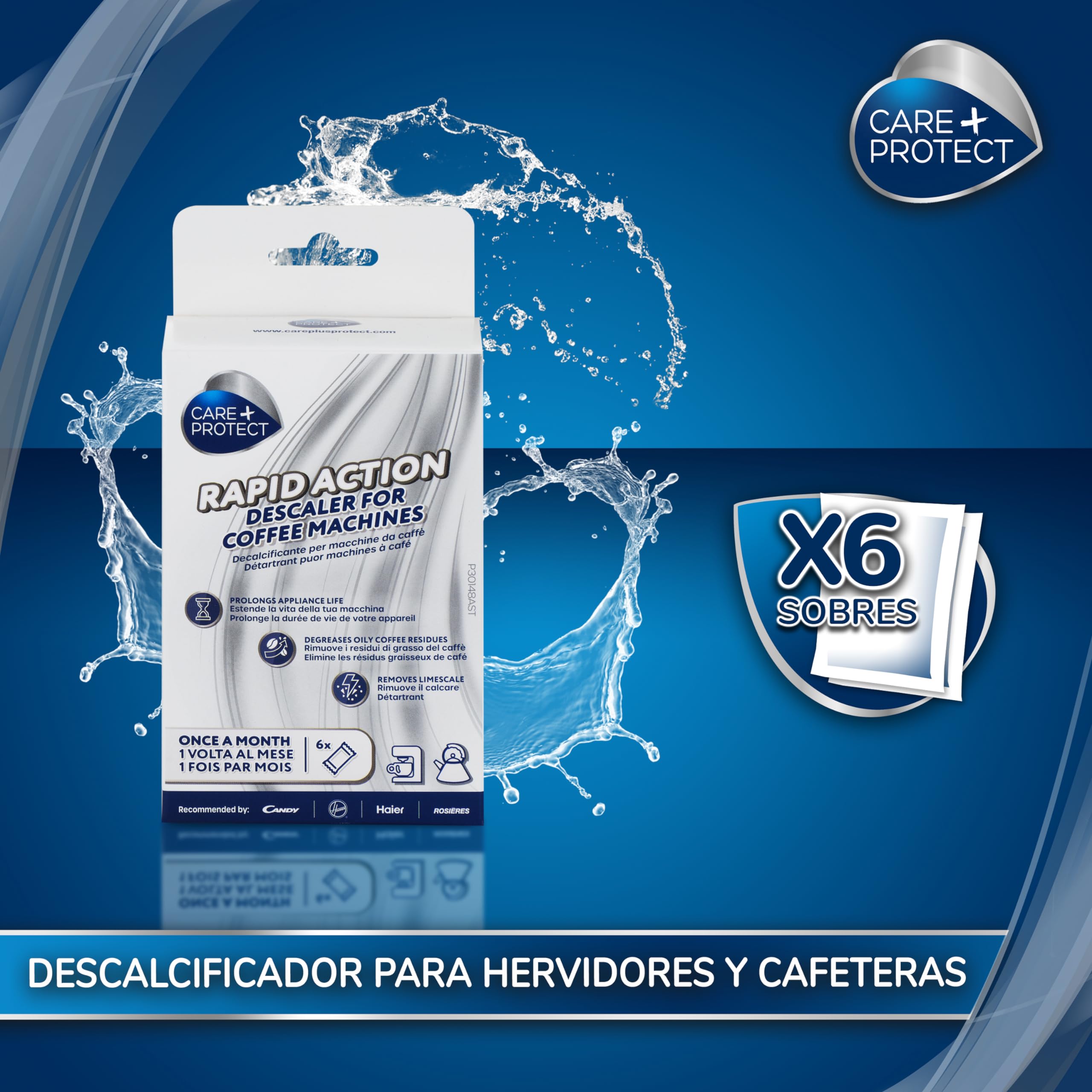 CARE + PROTECT Limpiador de cafeteras y hervidores Descalcificador, Universal, Elimina la cal y los residuos de café y té, 6 sobres para 6 meses