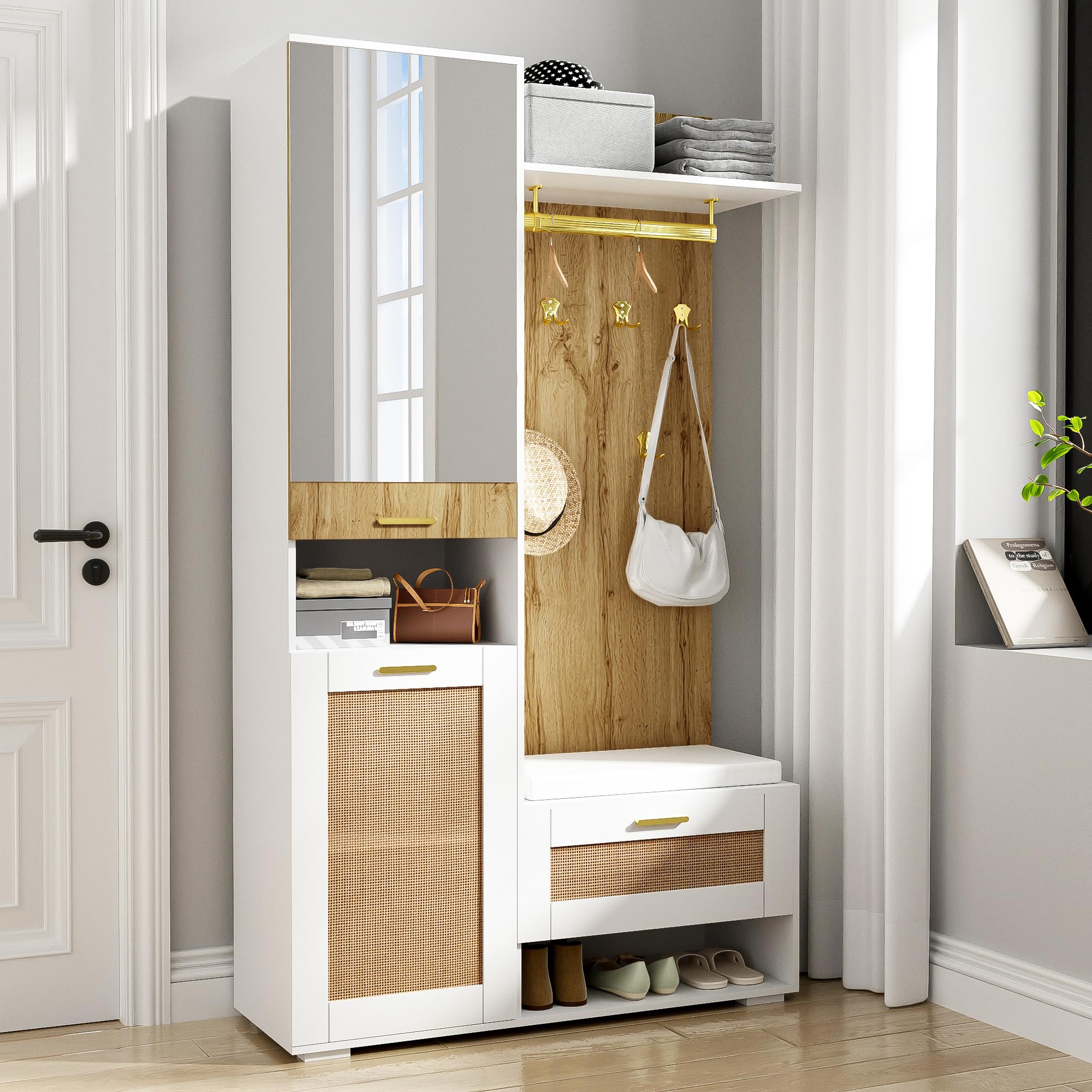 Scarpiera da ingresso, appendiabiti con specchio, 6 ganci - set da 4 pezzi, bianco