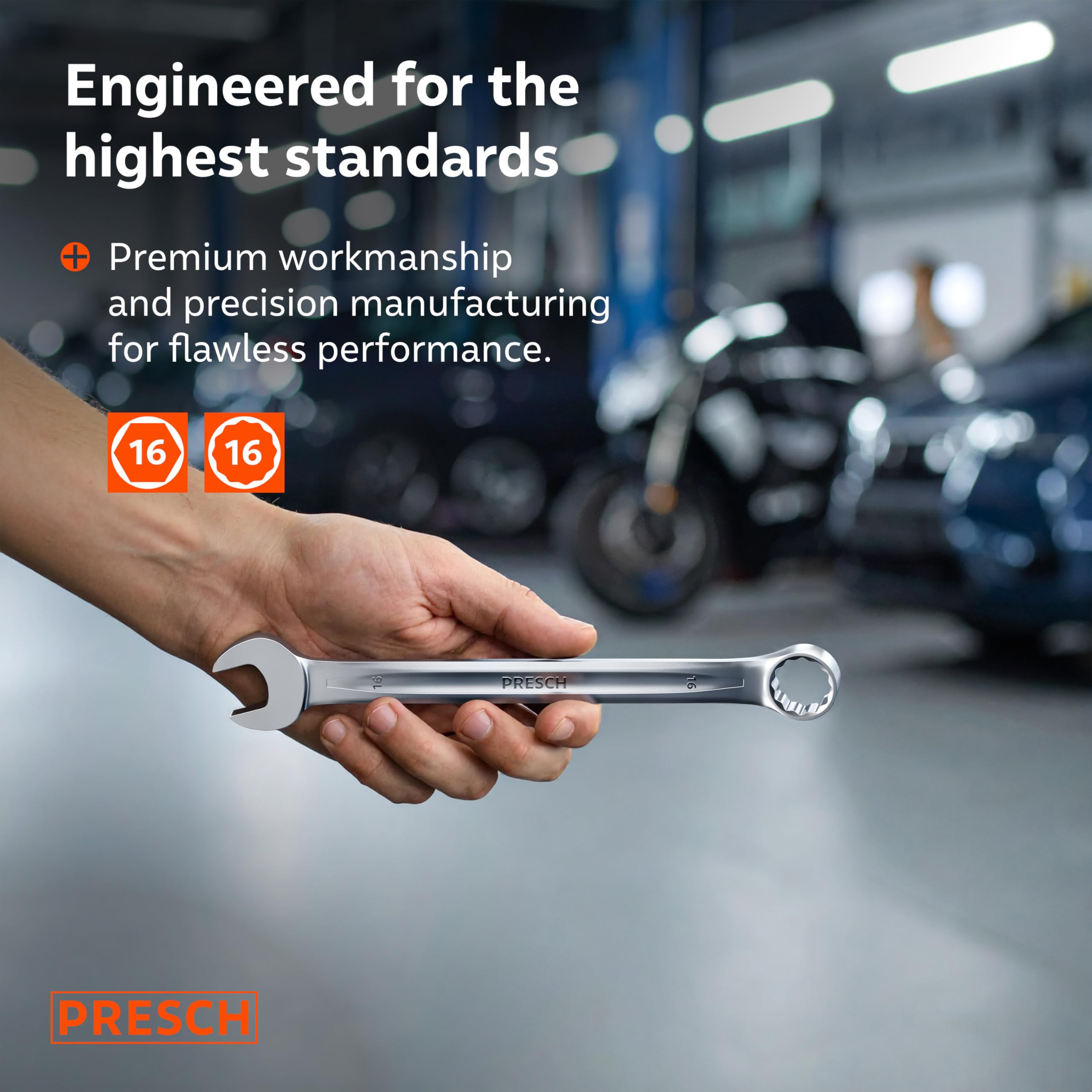 PRESCH Combination Spanner 16mm, Precision-machined & exceptionally Robust Spanner, 15° Angled for Tight-Space Work - Image 2