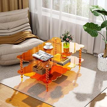 Acrylic Coffee Table 2-Tier with Storage(Orange,37.8×23.6×15.7in)