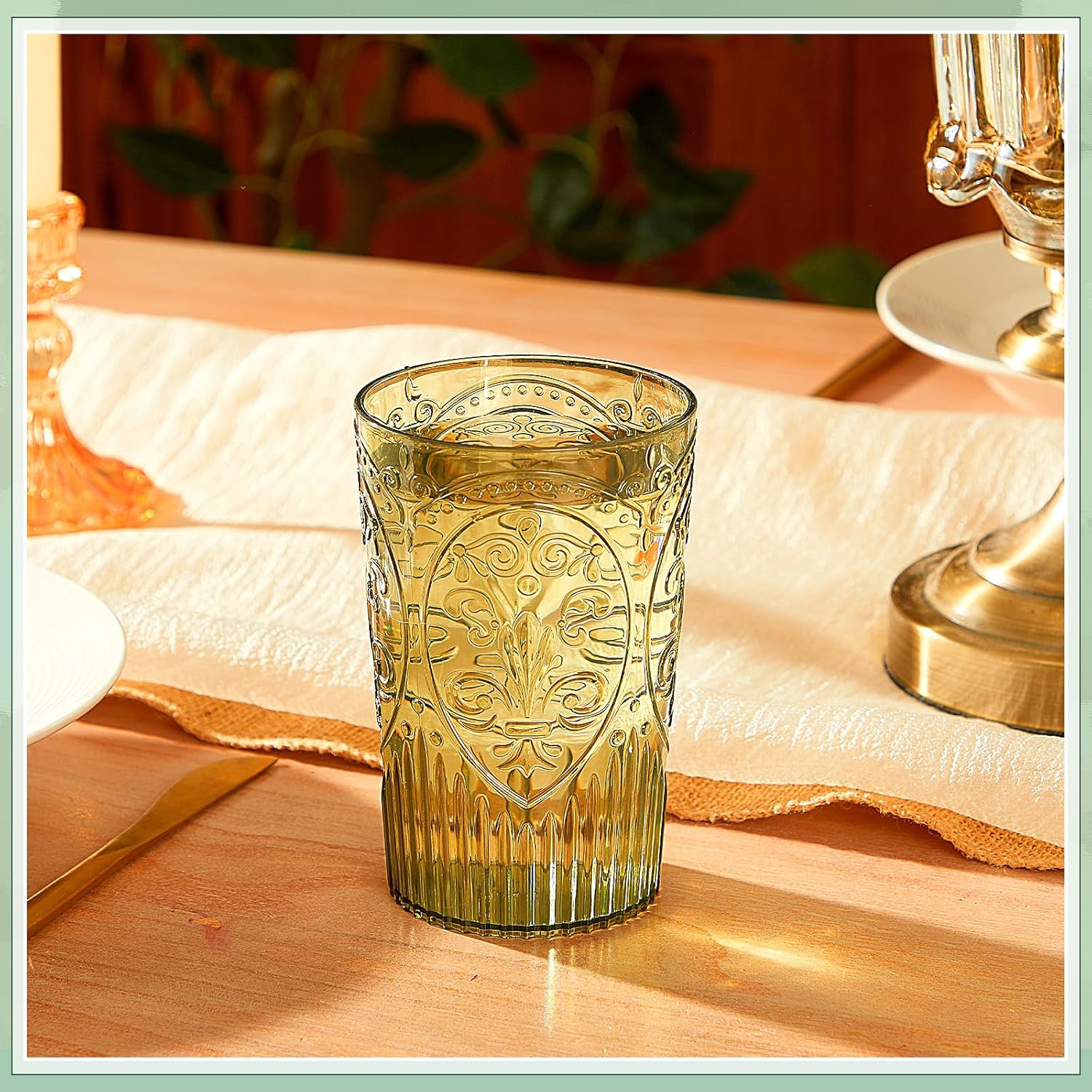 Plastic Vintage Drinking Glasses - 16 oz Stemless Ribbed Highball Glasses Bulk Embossed Reusable Cups for Water Beer Cocktails Juice Wedding Bridal Shower Birthday Event Party(Green,48 Pcs)