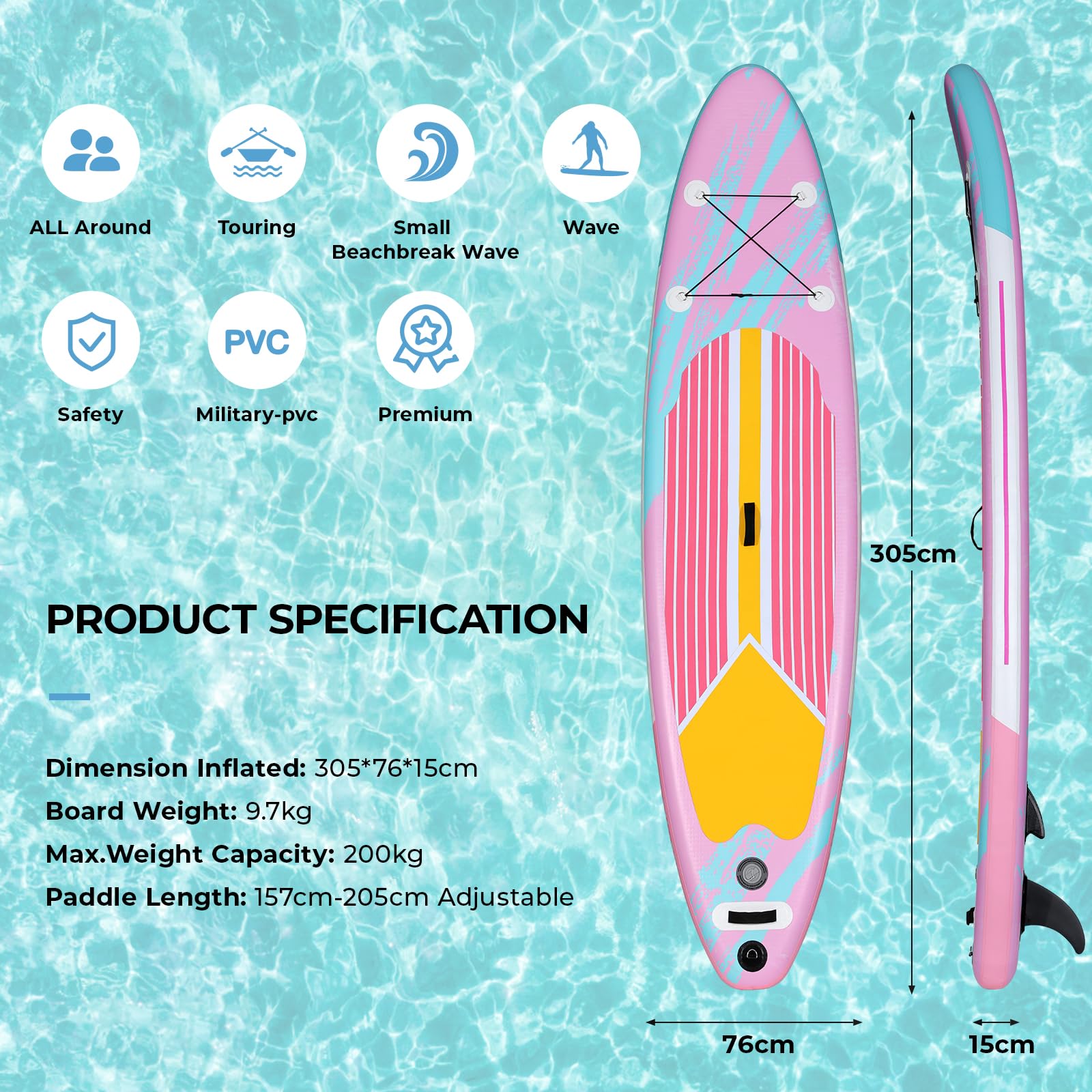 LIFERUN SUP Paddling Board 305 x 76 x 15 cm Stand Up Paddle Set, set completo di accessori premium, per adulti e ragazzi di tutti i livelli, portata fino a 200 kg