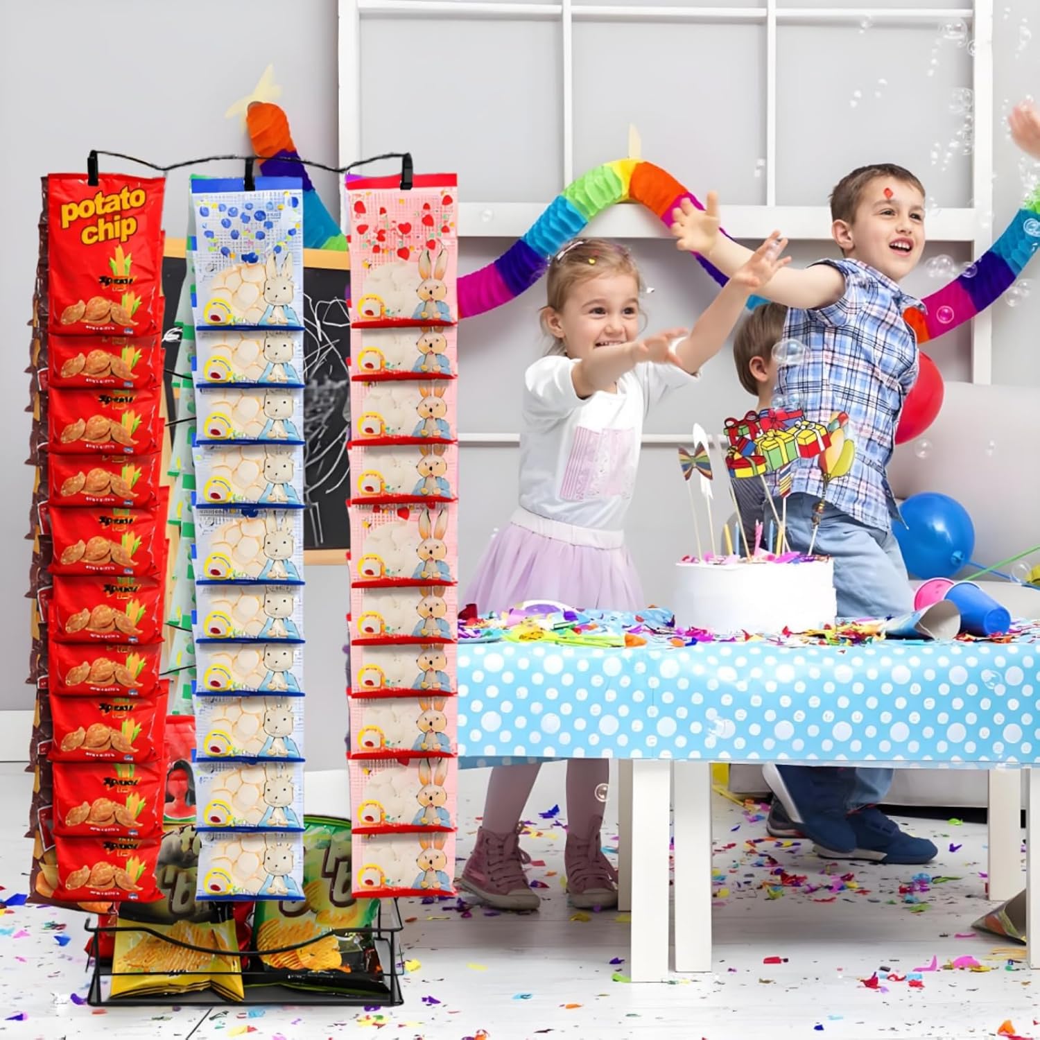 Chip Rack Display Stand, 3 Row 60 Clips Large Snack Retail Display Rack with Basket, Countertop Potato Chip Bag Candy Organizer Store Concession Stand for Party, Pantry, Office, Vendor Events