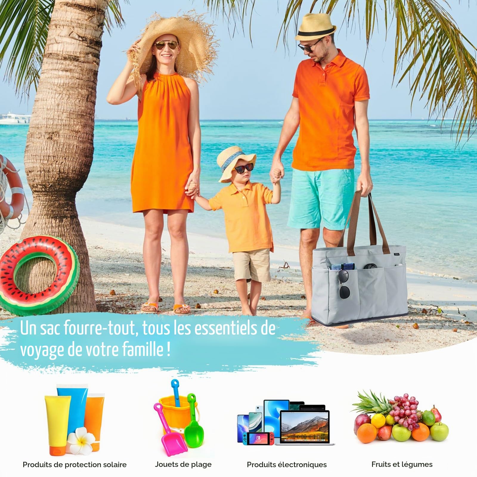 GAGAKU Sac de Plage XXL avec Compartiment Isotherme, Sac de Plage imperméable avec Fermeture éclair – Grand Sac de Bain Pliable pour Famille, Femme, Piscine, Voyage – Bleu 50 x 38 x 19 cm