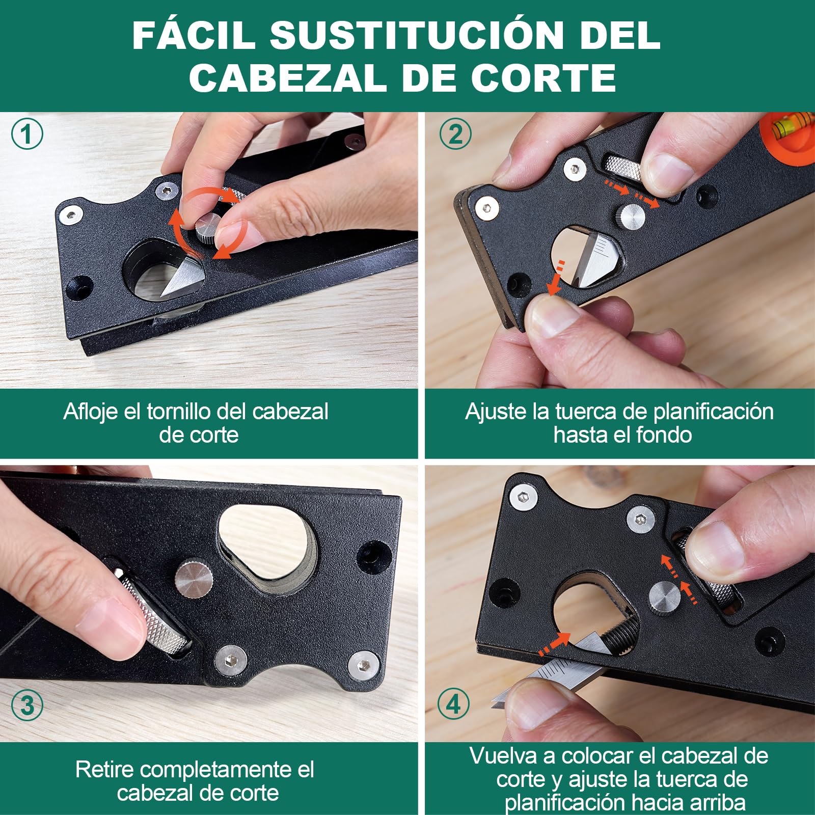 HYCHIKA Cepillo Carpintero, Cepillo para Madera de 45° con 4 Cabezales, Nivel de Burbuja y Mango Ergonómico, Cepilladora de Madera Manual para Cantos y Esquinas, Ideal para Carpinteros y Ebanistas