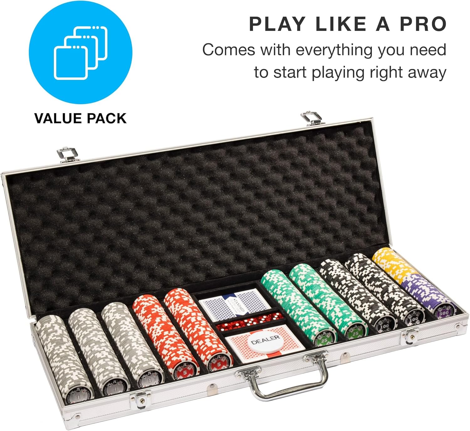 Brybelly 14 Gram 500 Count Poker Set - Ace Casino - 14G Clay Composite Chips with Aluminum Case, Playing Cards, Dealer Button for Poker, Texas Hold'em, Blackjack, Casino Games at Home