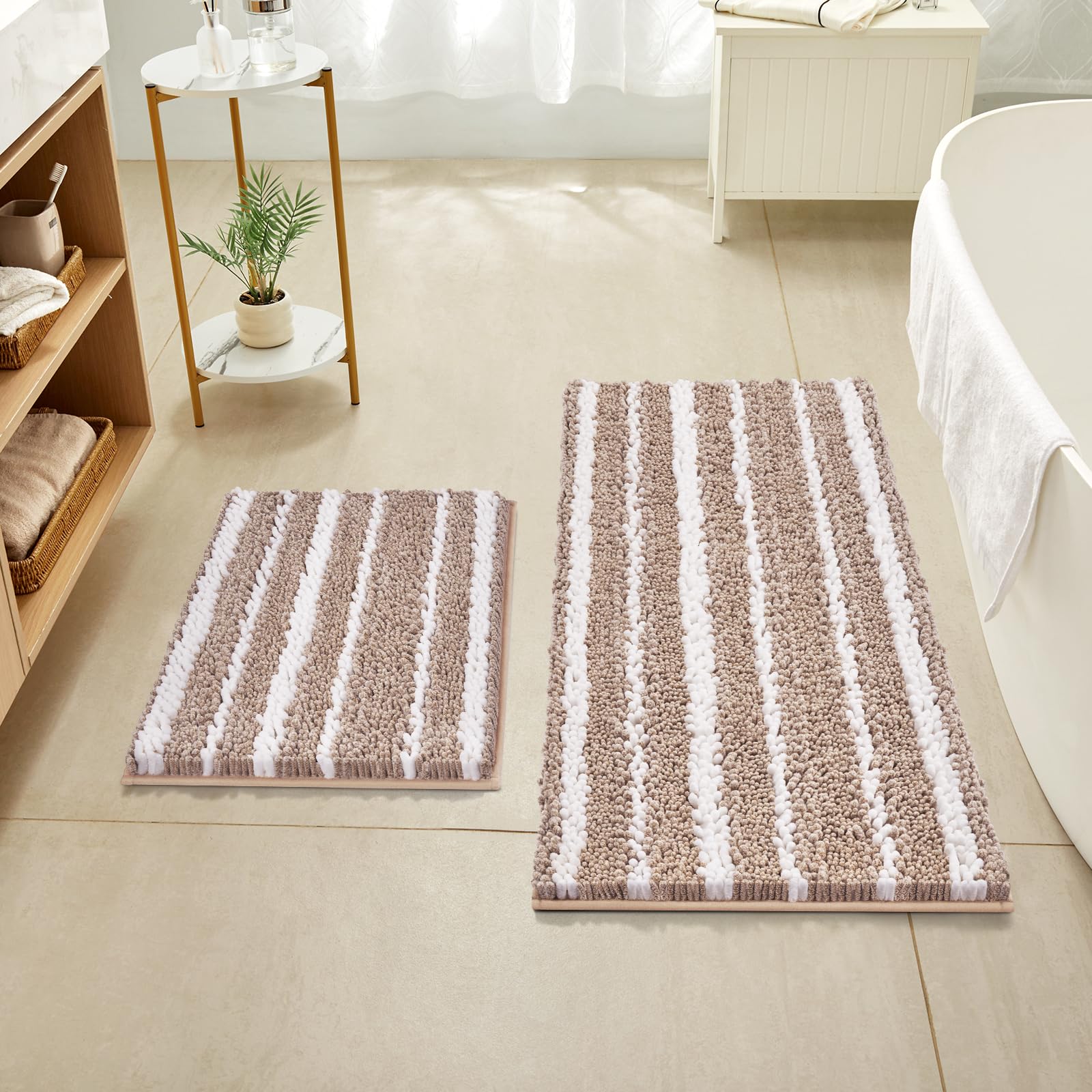 HOMEIDEAS Bathroom Rugs Sets 2 Piece, Cationic Dyed Chenille Extra Soft and Absorbent Non Slip Machine Washable Long Bath Mats (47"x20"+24"x17", Beige
