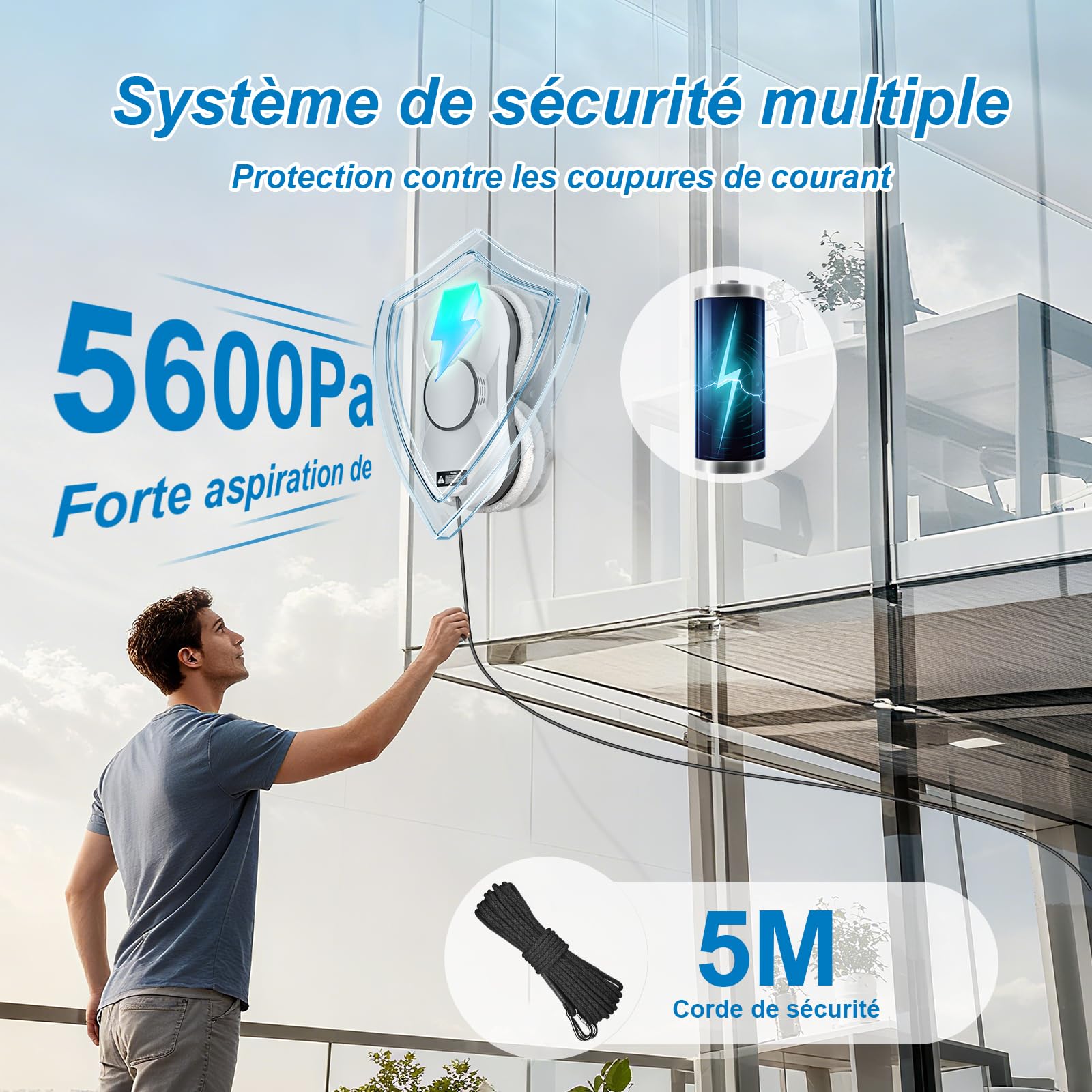 Robot Laveur de Vitre pour Fenêtres avec Cadre, 5600Pa Robot Lave Vitre avec Détection des Bords, Laveur de Vitre Automatique Multi-Surfaces Lisses pour Maison et Bureau, Télécommande + 10 Chiffons