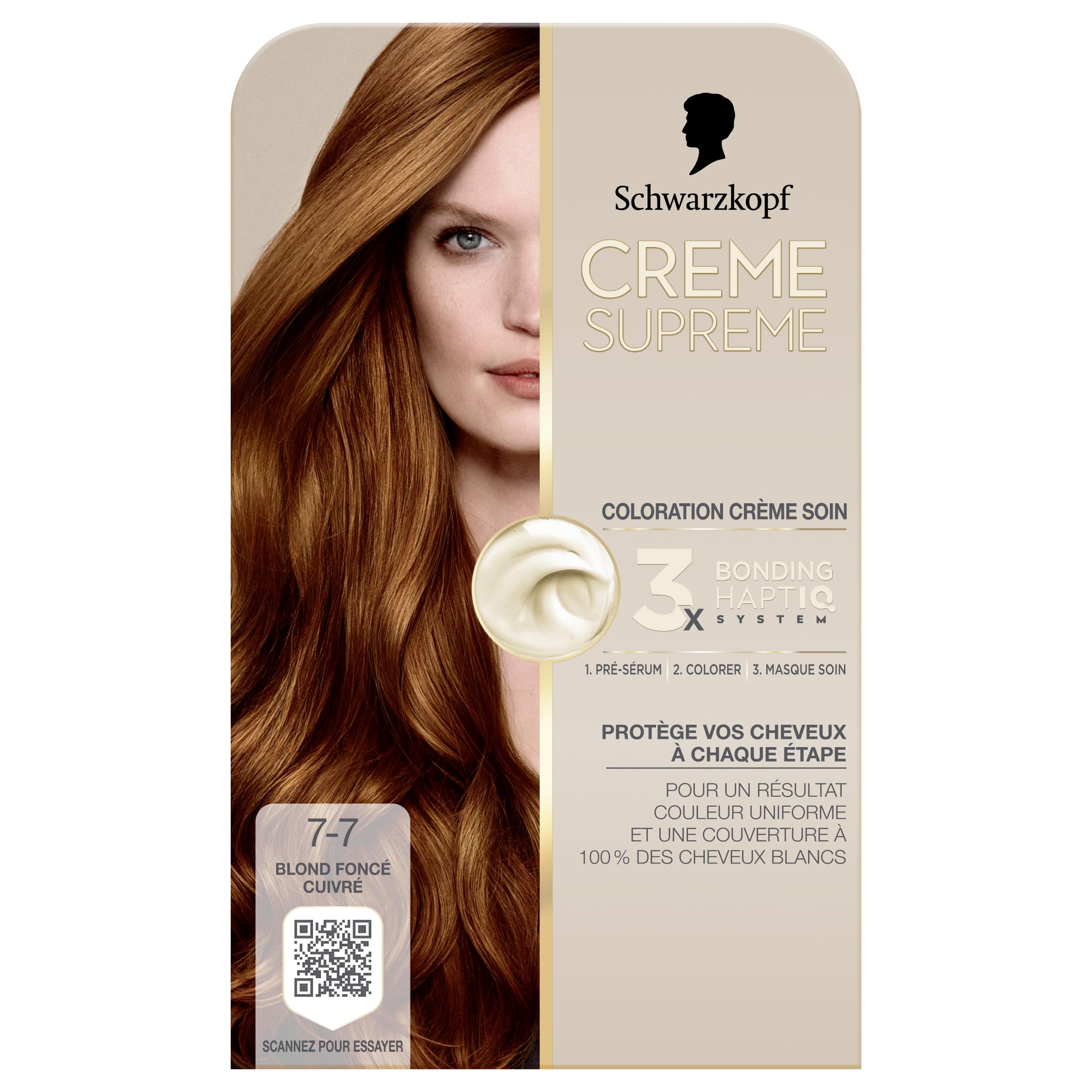 Creme Supreme, Schwarzkopf, Coloration Permanente Creme Soin, Couverture 100% Cheveux Blancs, Resultat Couleur Uniforme, 3x Bonding HaptIQ System, Pre serum et Masque Soin, 7.7, Blond Fonce Cuivre