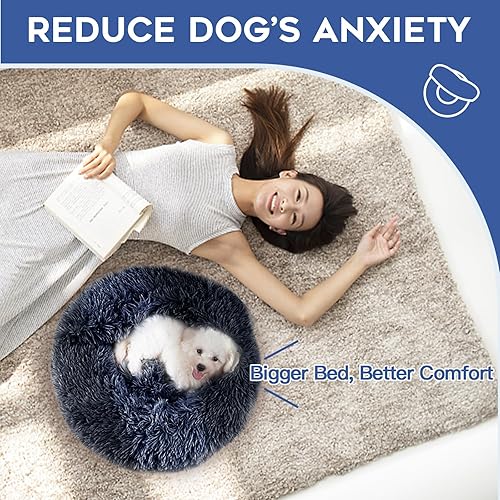 Miniatura 7 de suddus Cama para perros antiansiedad con manta adjunta, camas con capucha para perros medianos, cama redonda suave y esponjosa con forma de dona,