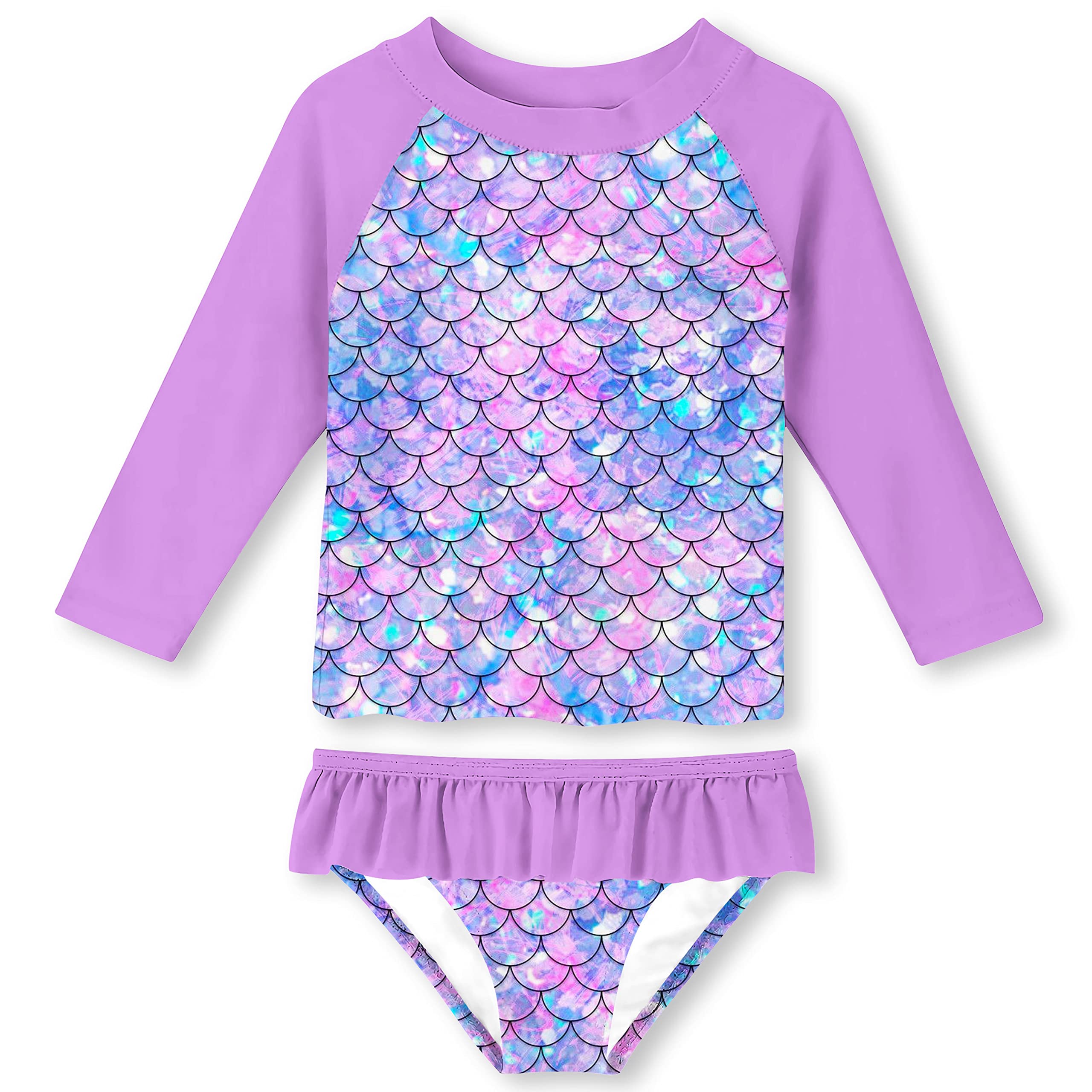 uideazone Little Girls 2-Piece Swimsuit Set Long Sleeve Rash Guard Bathing Suit with UPF 50+ Sun Protection