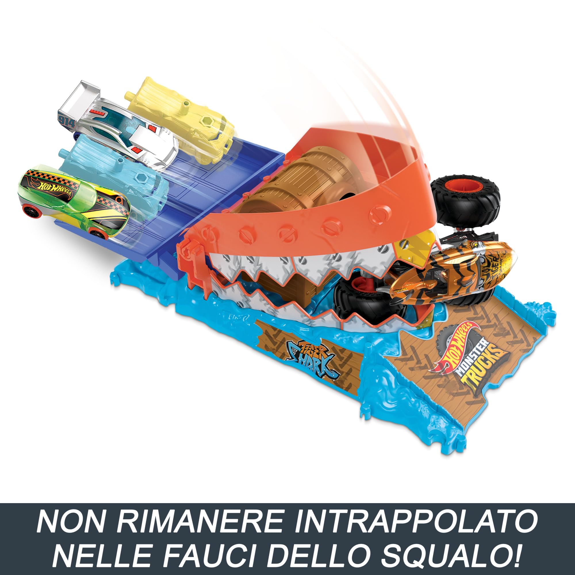 Hot Wheels Monster Trucks - Sfida del Morso per il Tesoro, playset Arena degli Scontri con MT Tiger Shark in scala 1:64 e 1 macchinina schiacciata, giocattolo per bambini, 4+ anni, HTP17