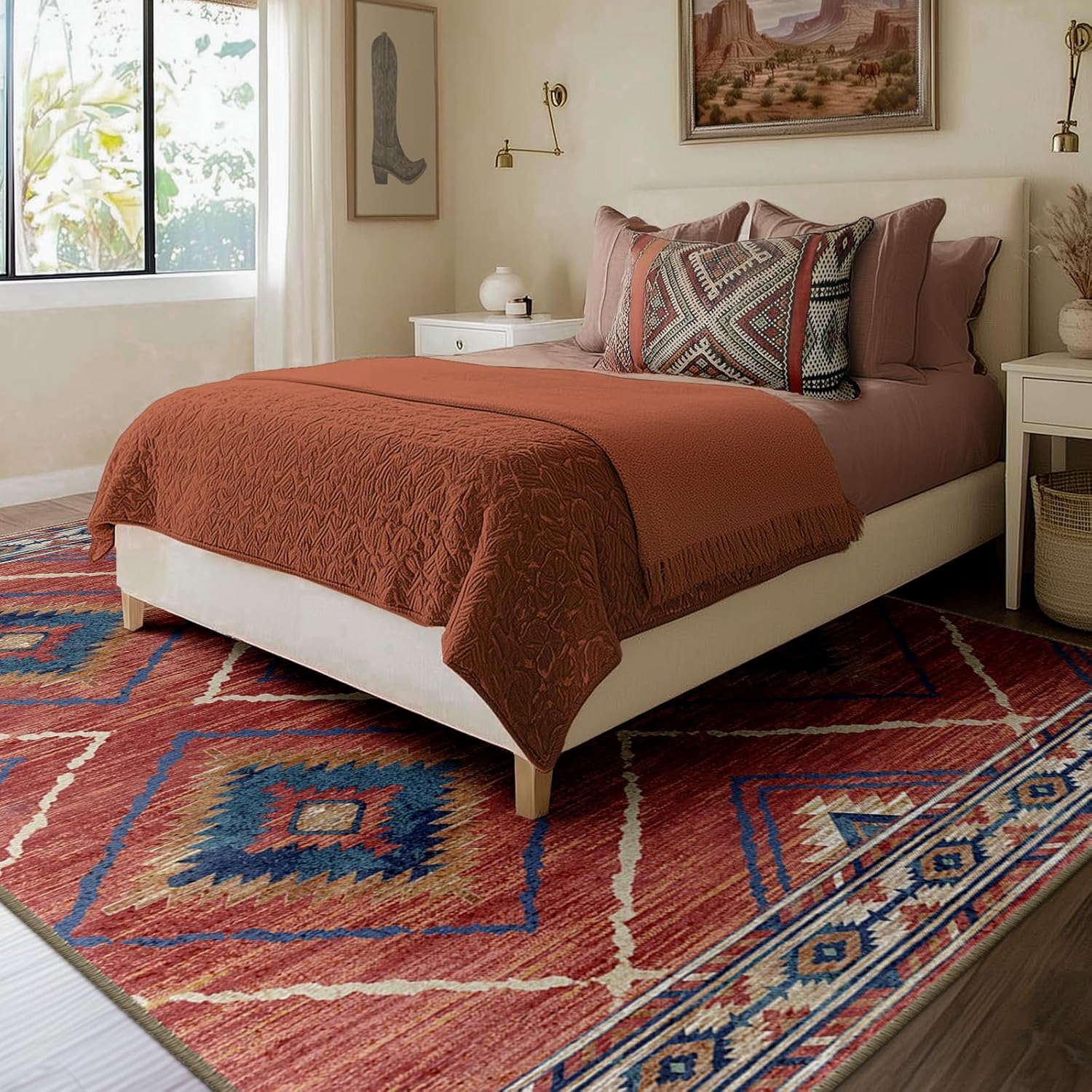 Area Rug 8x10 Rug Machine Washable Non-Slip Low Pile Print Pattern Western Rug for Living Room Bedroom Entryway Tribal Series -Red/Orange - Image 7