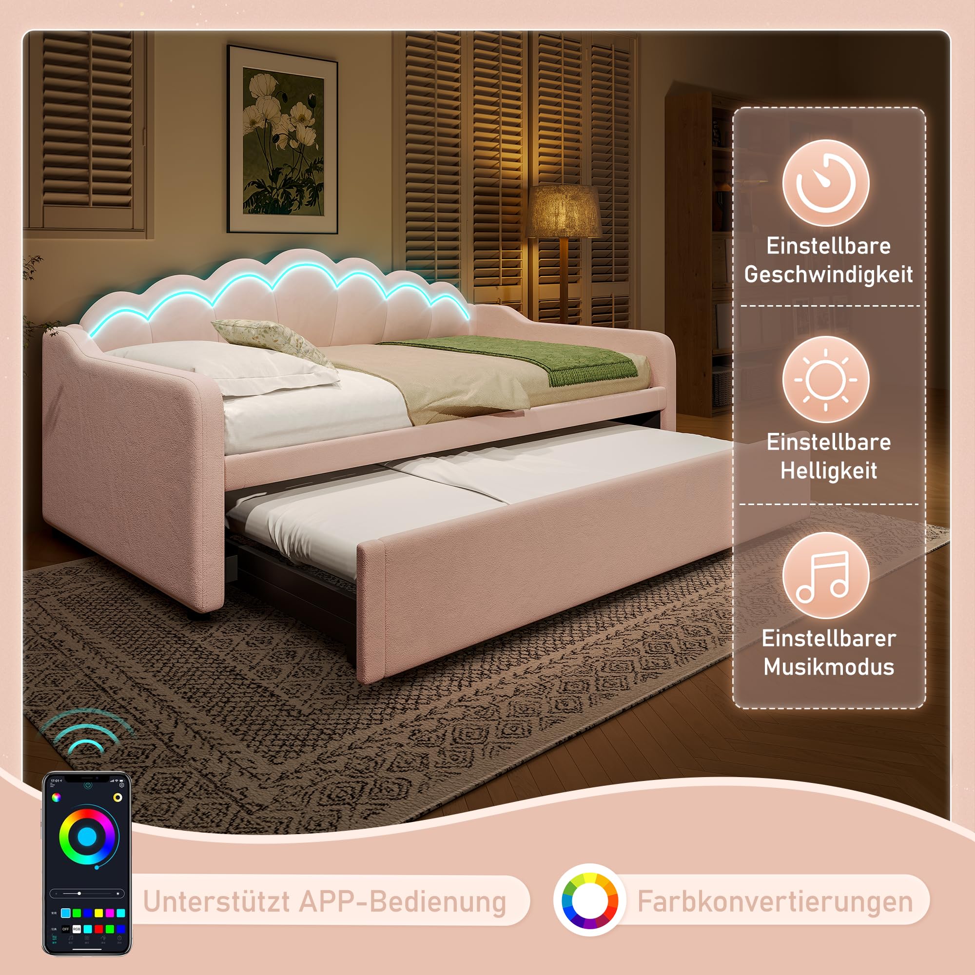 Lexiou Cama de día con cama nido, sofá cama, cama individual (sin colchón), cama doble, terciopelo, tira LED que cambia de color, 90 x 200 cm (180 x 200 cm) (rosa)