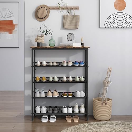 Miniatura 1 de QCHANER Zapatero ajustable de 5 niveles, organizador de almacenamiento de zapatos con 4 estantes de malla y parte superior de madera, para entrada,