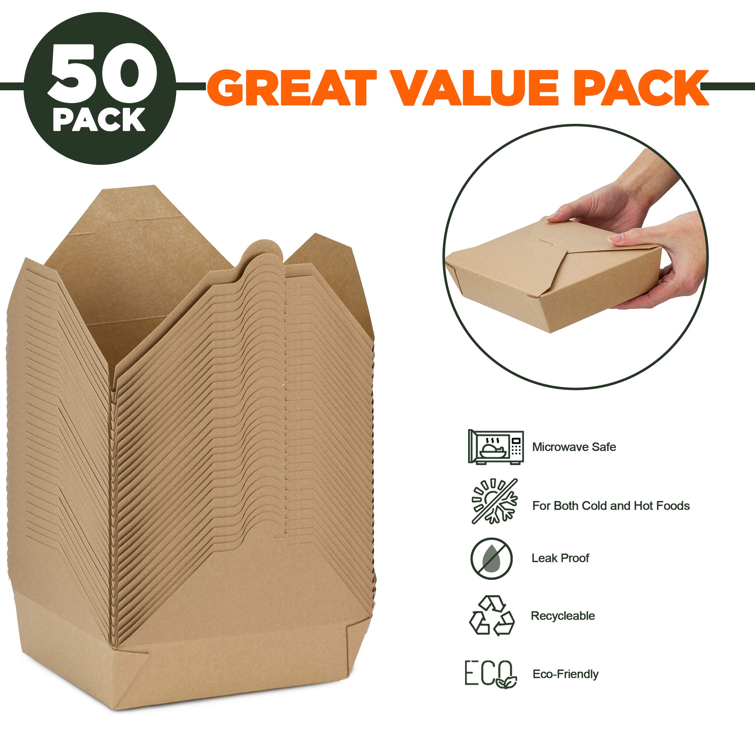 [50 Pack] 54 oz Paper Take Out Containers 8.5 x 6 x 2" Kraft Lunch Meal Food Boxes, Disposable