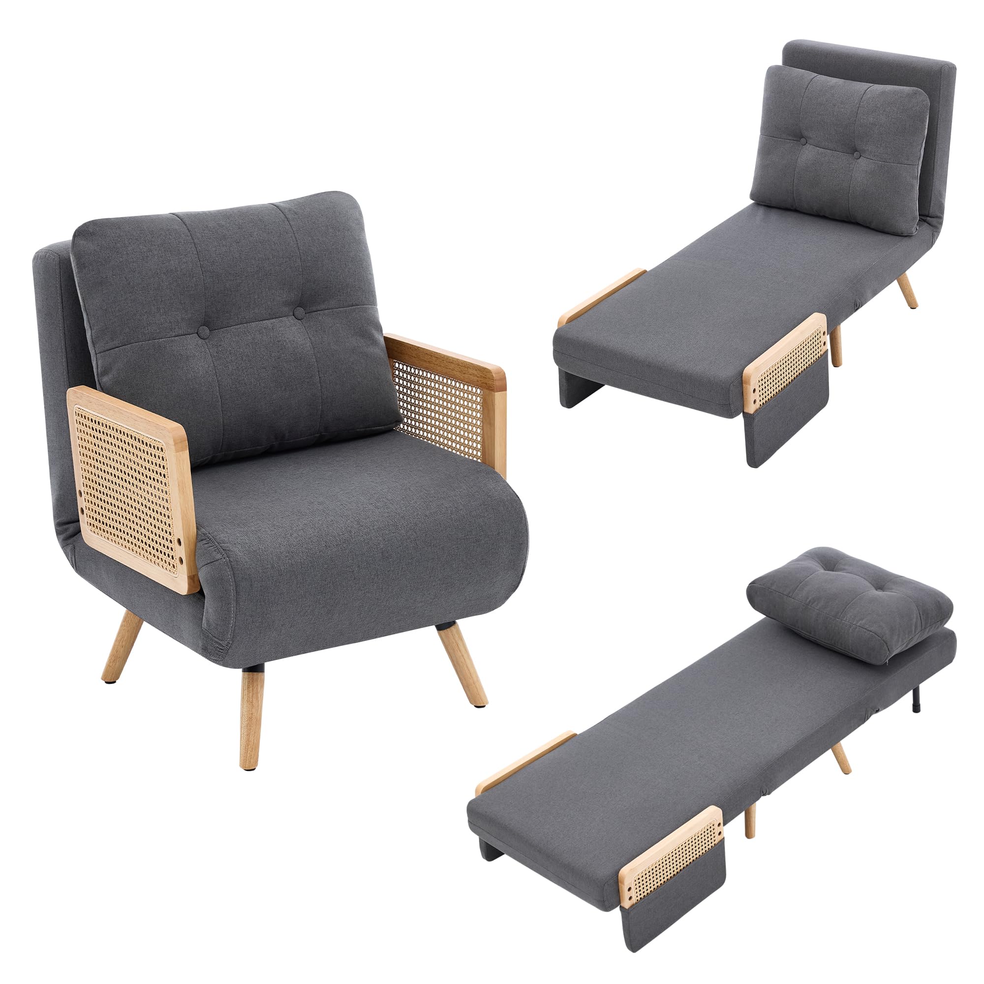 Lcoho Poltrona letto 3 in 1 con funzione letto, poltrona relax pieghevole e letto per gli ospiti, poltrona lounge imbottita con schienale regolabile in 5 posizioni e braccioli in rattan, grigio