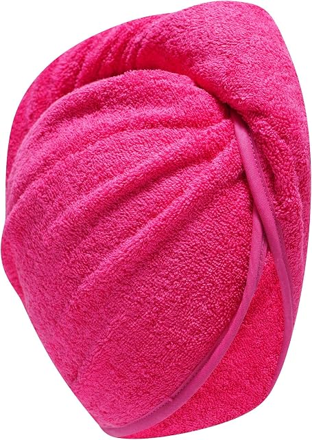 UNIQUE ZONE 100% COTTON Hair Turban Towel, Dry Hair Towel Cap with Loop and Button Fastener, Absorbent Dry Hair Quickly for Women (DARK PINK)