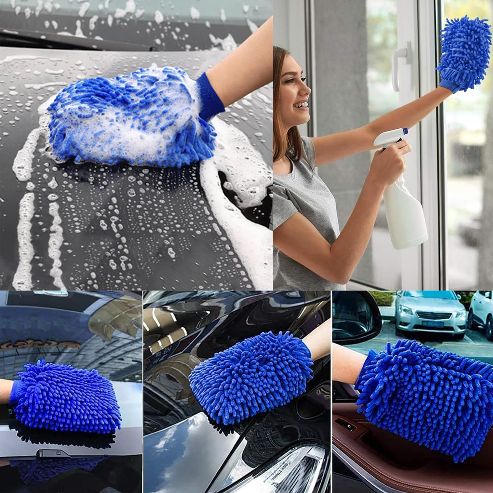 Guanti Lavaggio Auto In Microfibra - Confezione Da 3 Con Panno Lucidante Blu - Foto 6