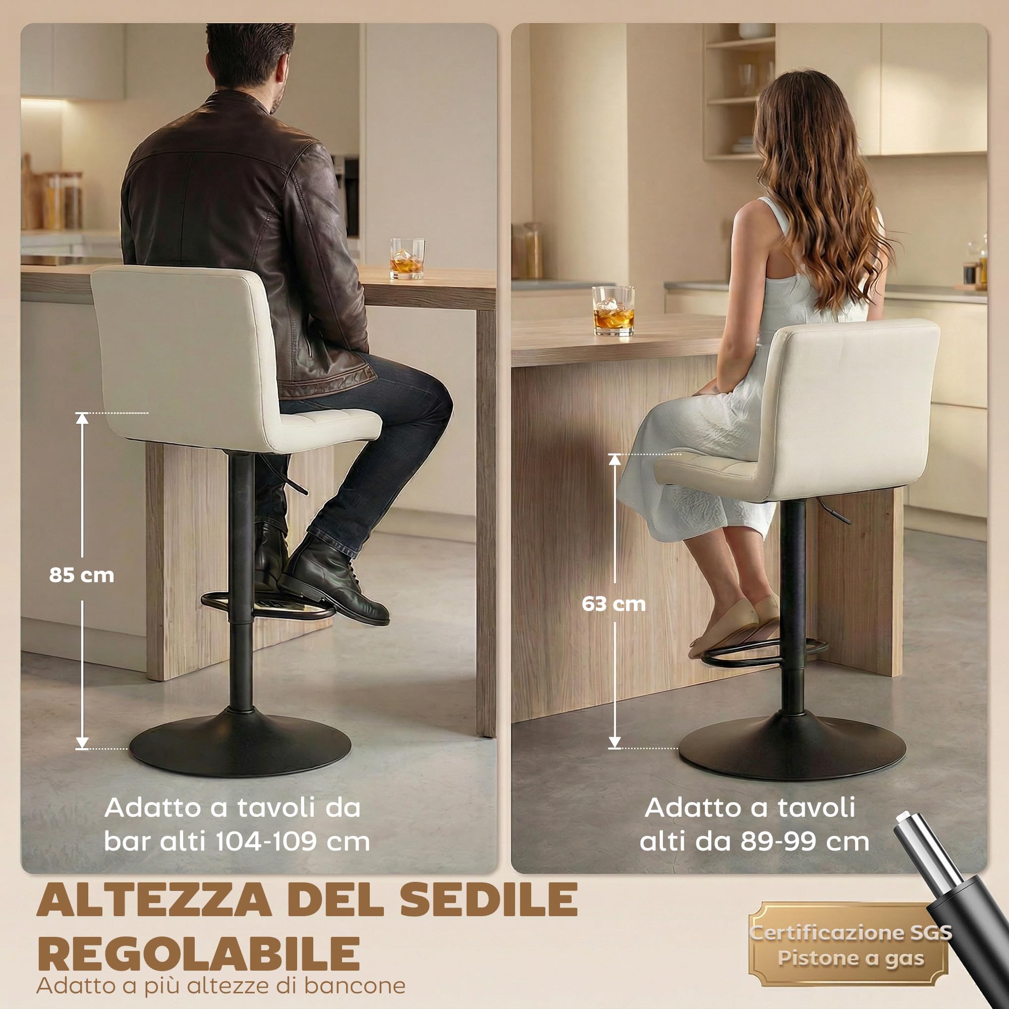 HOMCOM Set 2 Sgabelli Bar in PU Girevoli a 360° con Altezza Regolabile, Sgabelli Cucina Alti con Seduta Morbida, Poggiapiedi, Schienale, Struttura in Acciaio, Sedie Bar per Penisola Cucina, Crema