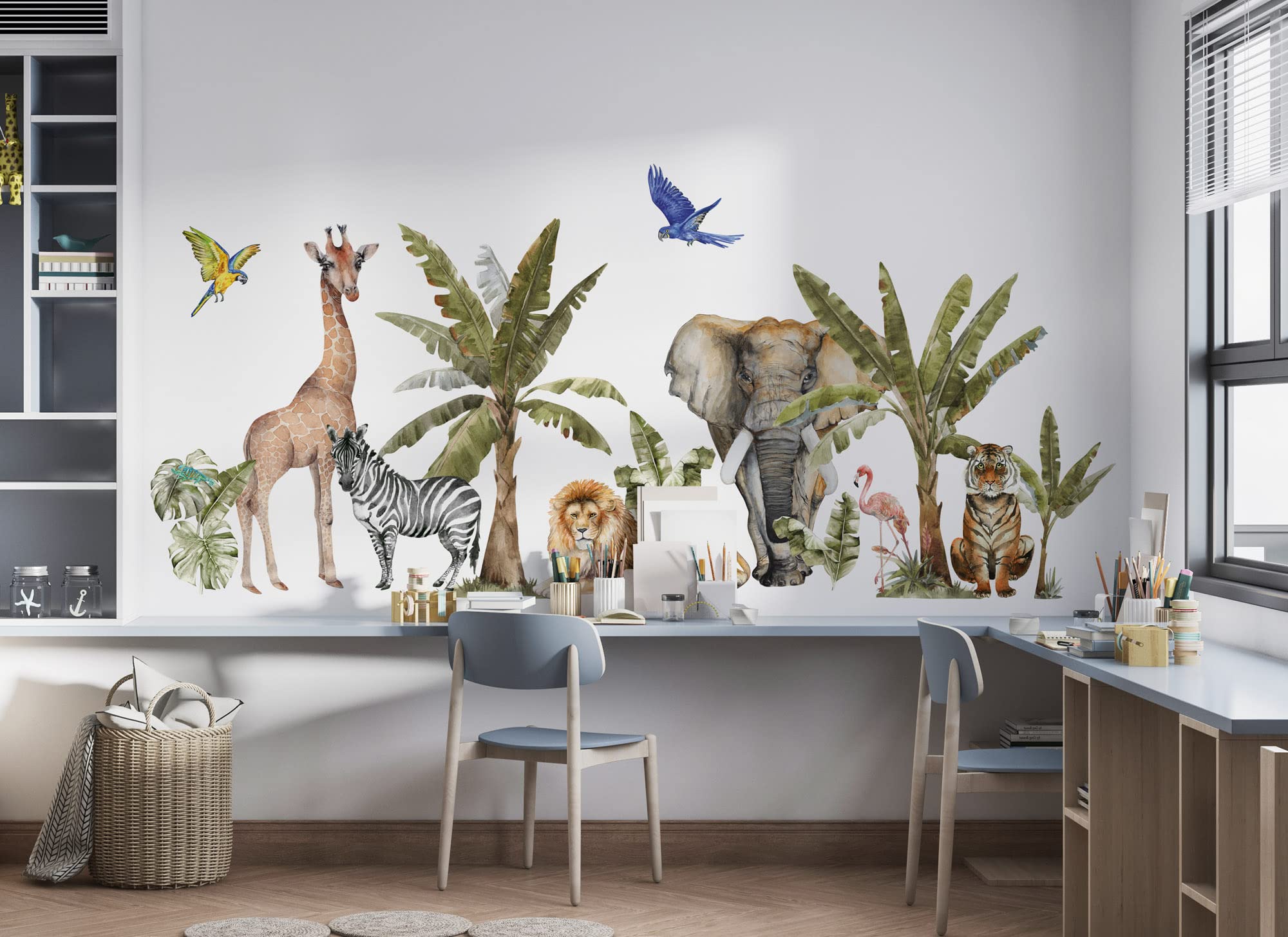 Zwierzęta z dżungli Osomhome 190x90cm - safari, zebra, lew, tygrys, żyrafa, flaming, słoń, drzewa tropikalne przedszkole chłopiec naklejki ścienne do pokoju dziecka naklejki ścienne zdjęcia naklejki ścienne os4016…