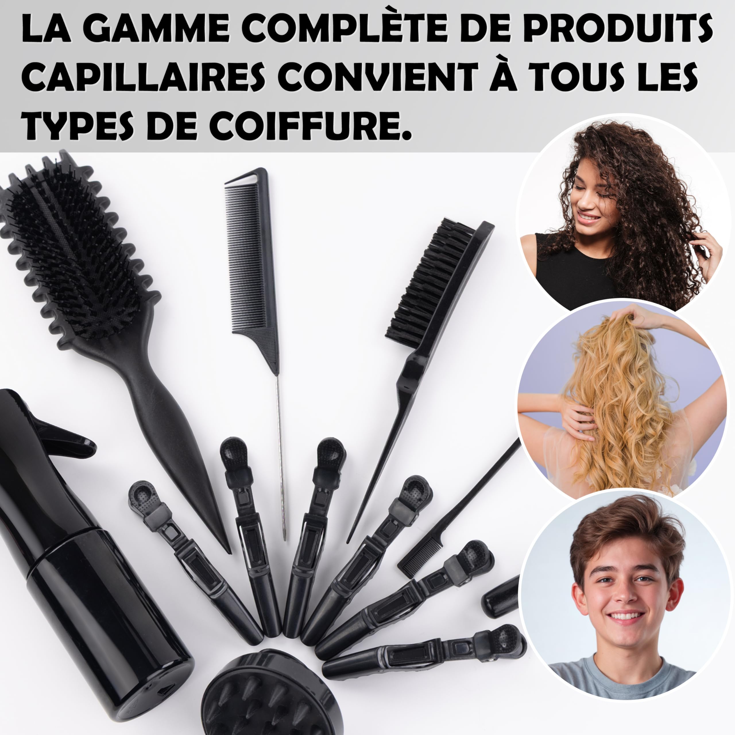 kit complet Cheveux bouclés/frisés/crépus/ondulés .Brosse définition-spray cheveux 200ml-bonnet satin-serviette microfibre-accessoires-brosse massante cuir chevelu-Routine Anti-frisottis.