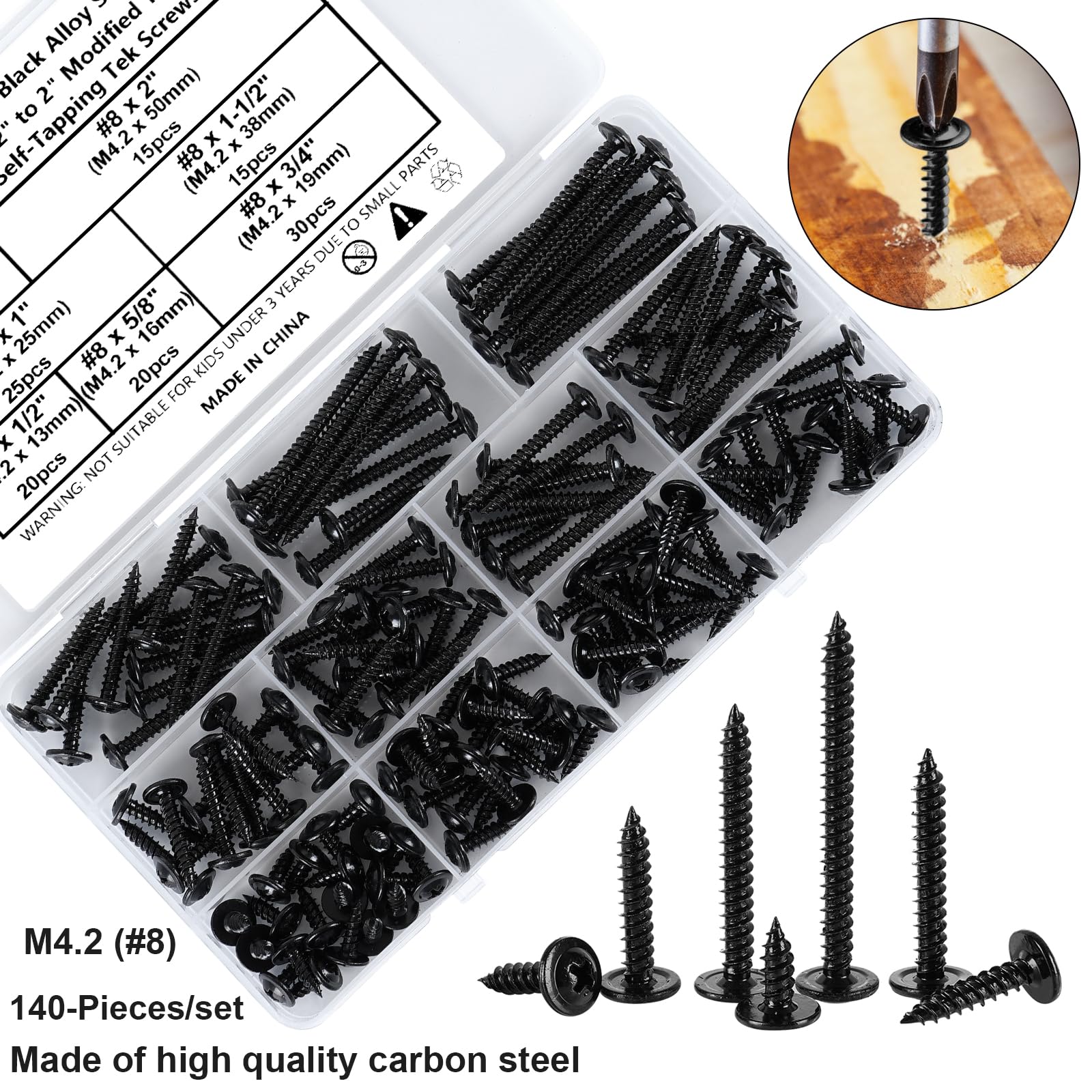 FandWay 140Pcs Wafer Head Self Tapping Screws,M4.2x13~50mm Wood Screws Black,Modified Truss Head Self Drilling Screw,Carbon Steel Sheet Metal Screw for Aluminum WoodWork Plastics - Image 2